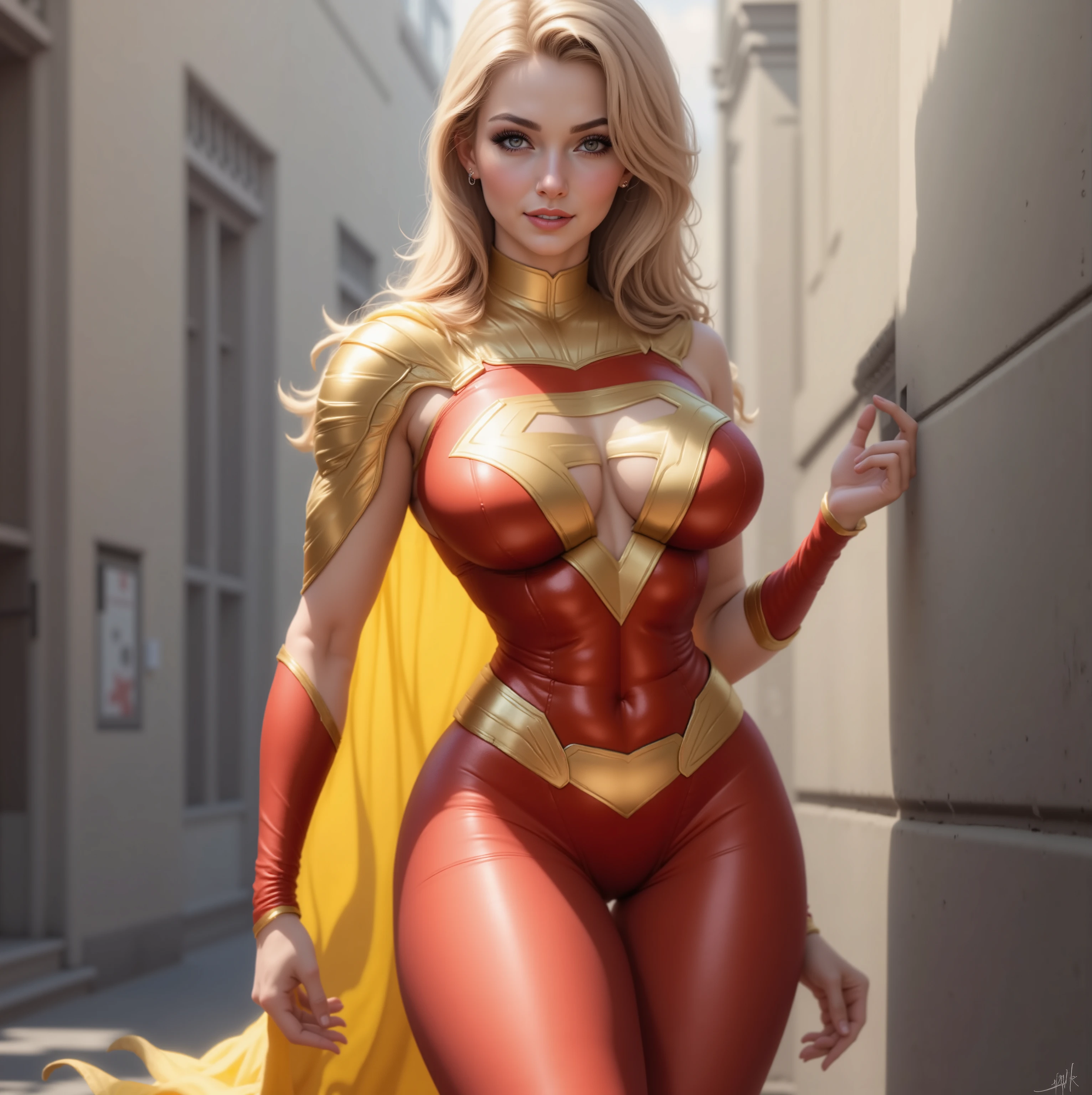 raw photo of a stunning girl, blonde, long flowing blonde hair, Supergirl, Dynamic pose, smug smile, (sexy body:1.3), (feminine hands:1.3), narrow waist, thighs, wide hips, half eye close, eyeliner, eyelashes, perfect face, detailed eyes, facial lighting, gorgeous, looking at viewer (masterpiece, high quality:1.2), flexing biceps, sexy,Long Hair, Looking at viewer, Large breasts, dressed as supergirl, the yellow part of the Supergirl shild is transparent, full body shot, from a far distance