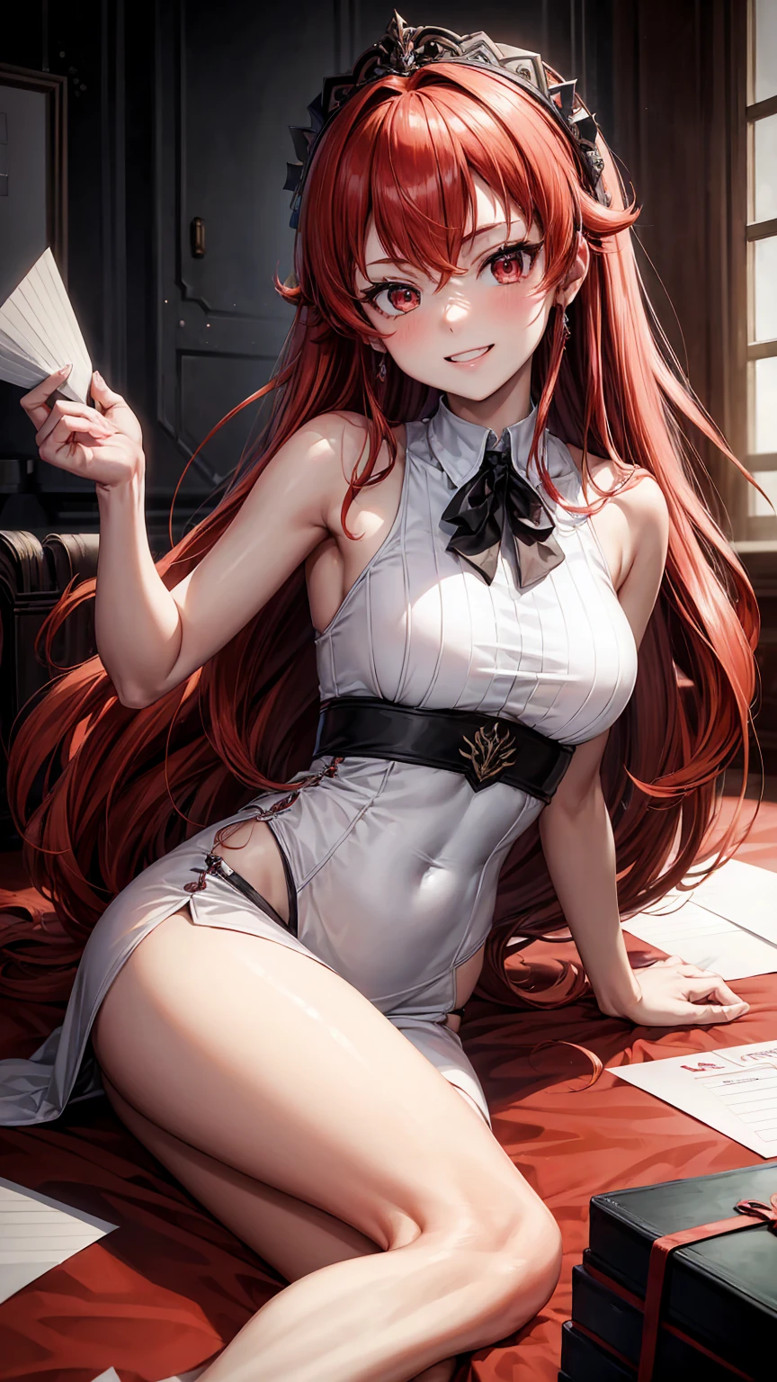 masutepiece、Best Quality、hight resolution、white dres、a black ribbon(Vibrant colors：1.2)、(​masterpiece：2.0)、onepiece、Uta、blanche、left red hair、right gray hair、Not wearing pants、divine spirit、Flushed cheeks、Beautiful girl in every detail、Body shining with sweat、Wet、Seductive thighs、sexy  pose、
