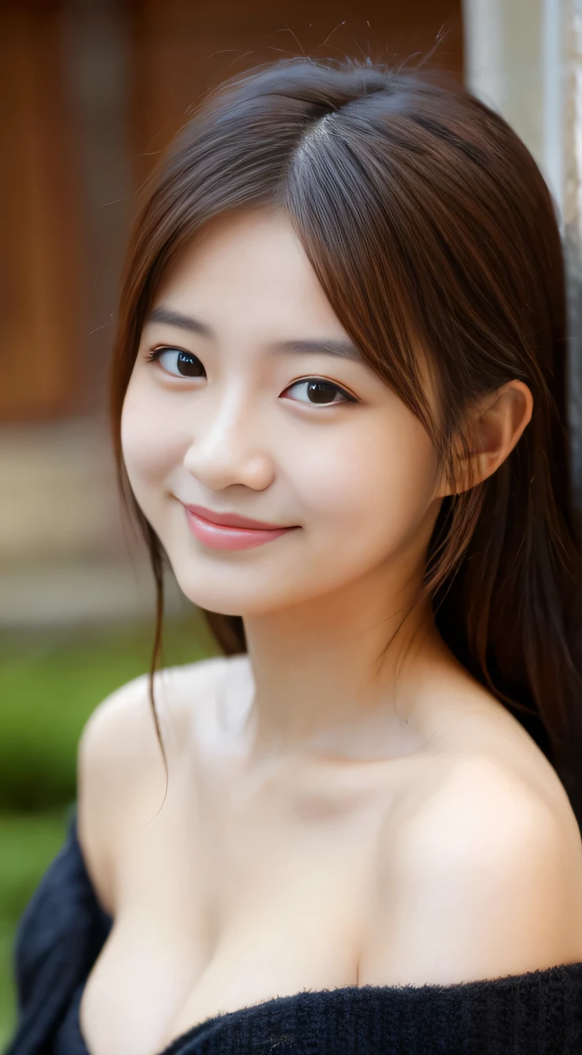 masterpiece,best quality,(Japanese girl),((Beautiful girl)),cleavage,(off shoulder:1.2),(perfect body beauty:1.2),(shy smile),From above