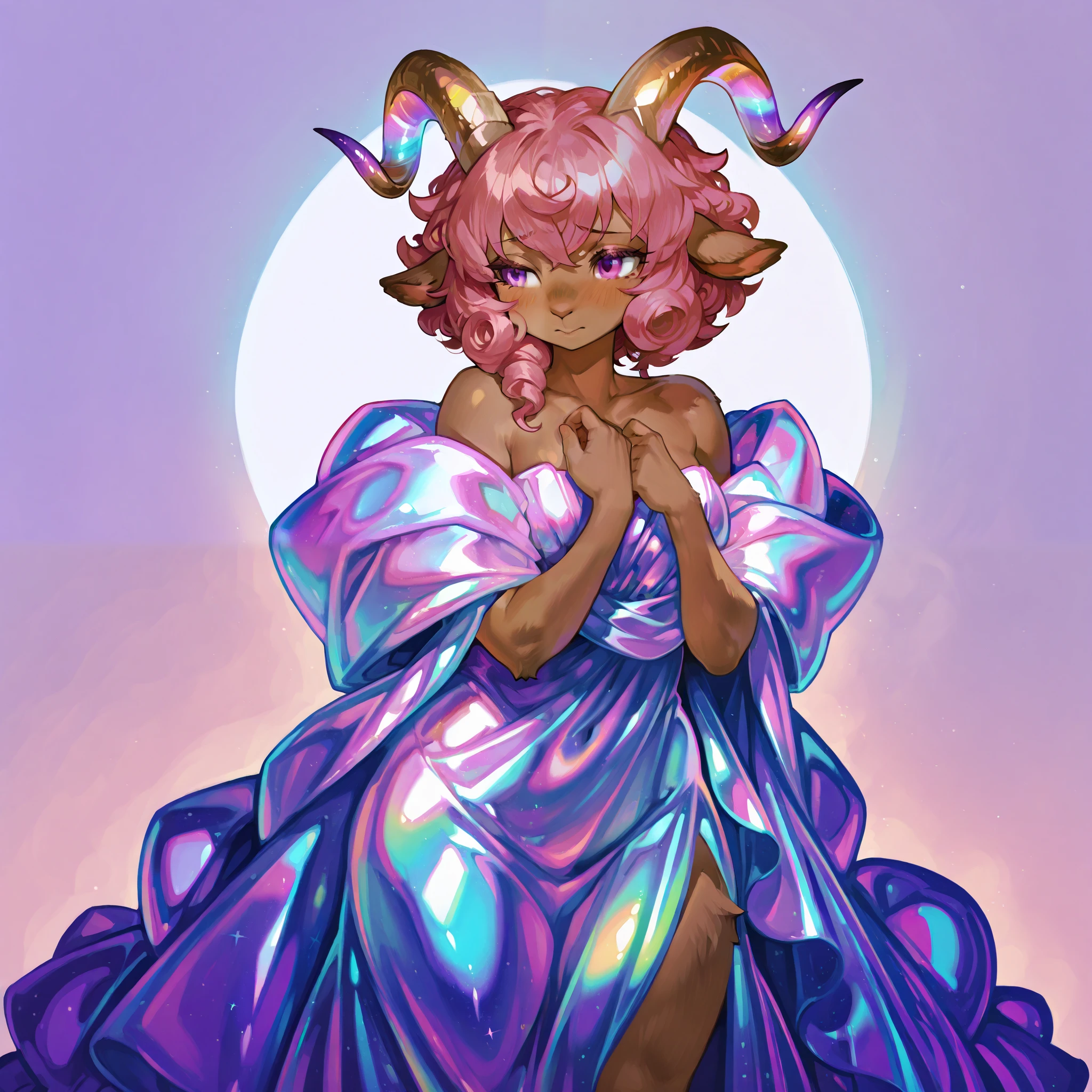 score_9_up, score_8_up, score_7_up, full body, 1girl, (sheep girl), (ram horns), , (white hair), medium hair, curly hair, purple eyes, (freckles), sheep wool, wooly, fluffy, medium breasts, , r41nb0w4cryl1c, dark skin
