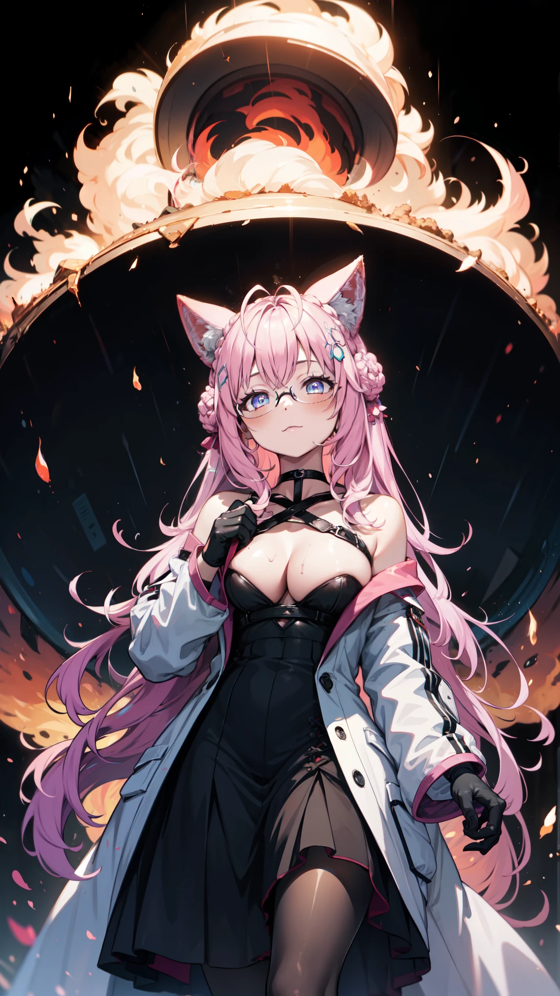 Imagine an 8k , high resolution , Movie, a woman with a beautiful mature face and long pink hair, Animal ears , a shiny black dress , black leggings , White coat, Headdress, glasses, Tail, under dim lighting , on a dark grey background , black gloves , background is an explosion ,big Bang,Fire,rnd1