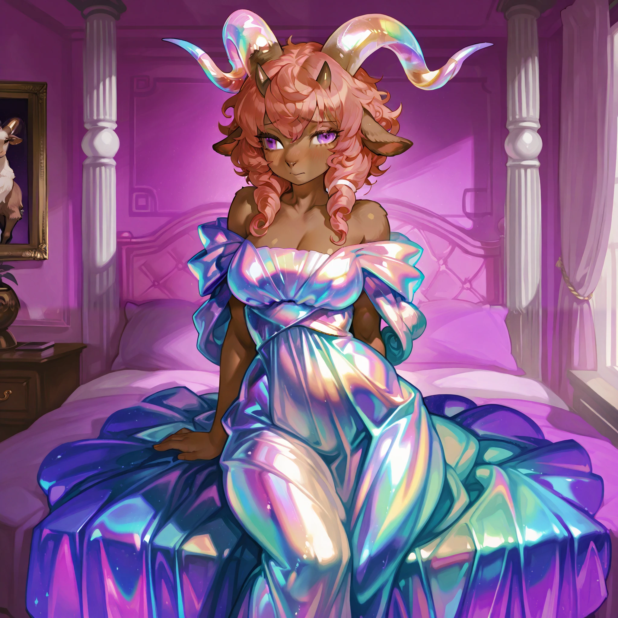 Satyr woman, satyr goat woman, short curly ginger hair, purple goat eyes, curvy, brown skin, brown goat details, cute, empress gown, iridescent, solo, one woman, iridescent horns, goat features, innocent, shy, bedroom.