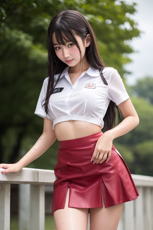 (8k, Raw photo, Best Quality, masutepiece:1.2), (Realistic, Photorealsitic:1.37), 超A high resolution, 1girl in, 18 years old, (idol:1.4), (famous actress :1.4), (beautifull detailed face:1), bangs,Laughing with white teeth、 (cleavage of the breast)、 (Multicolor floating hair), Skin Dentation, Light makeup, (Beautiful big breasts:1.3), (gleaming skin:1.1), Shiny skin, long limbs, slim, hanging breasted:1.3, Narrow waist, medium hips, thin legs, slim thigh, Dynamic lighting, Sexually suggestive faces, Glossy texture, lip stick, V-shaped eyebrows, v-line jaw, Looking at Viewer, (Long hair:1.3), (Perfect face:1.4), ((heavy wind)), Flowing hair, audience, (Smile:1.3), blue-sky, (((Monte Carlo Street Circuit))), (((racing car))), (((Racing Bikes))), ((Promotion Girl:1.3)), ((Grid Girl:1)),((Underboob))、((The skirt is blown up by the wind from below.))、 Pink lip, Light makeup, (Detailed promotional costumes are intricately worn:1.10), lace-up boots, Short sleeves, cropped tops, ((Short jacket:1)), (Tube Top Bra:1), knee high, (((Nylon short sleeve jacket with many logos))), (Knee Length Glitter Nylon Pleated Skirt), ((Asymmetrical medium size nylon pleated skirt)), small ass, ((Promotional wear with logo)), (((Red and White Glitter Promotional Wear))), Fingerless gloves, Navel View Style, A darK-haired, Brown hair, Red hair, Blue eyes, (sweat drop:1), (Dynamic Angle), Walking, bending forward, audience,Metallic color costume、F1 grid girls