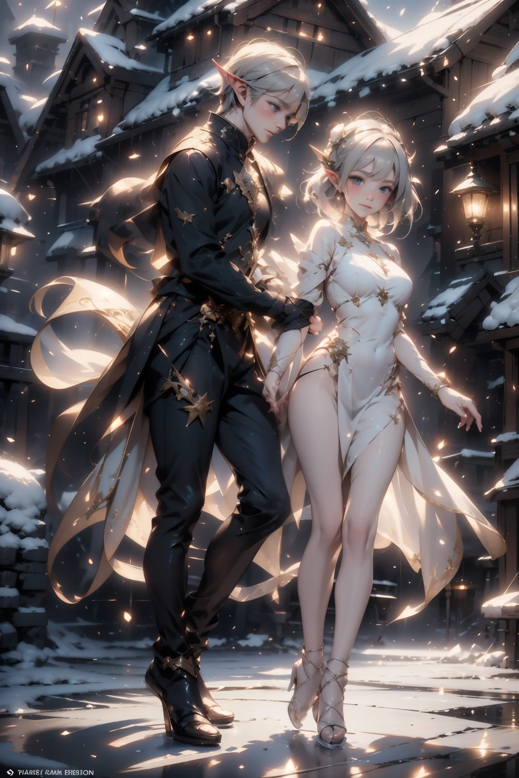 A beautiful dance on ice featuring two elfs, dressed in glossy dresses, realistic and fantastical atmosphere, ethereal lighting, intricate details, whimsical background, soft glows, elegant poses, magical winter scenery