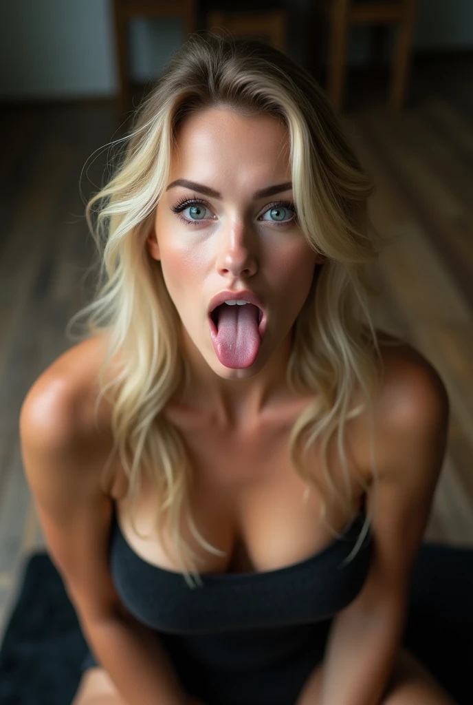 NSFW, naked, nude, open legs pose, naked pussy, ((Best Quality)), ((masterpiece)), (detailed), 1 naked girl, (creamed:1.4) Caucasian (white blonde hair:1.3), skinny pretty, Ponytail hairstyle, 22 years:1.3, make up:1.3, (smudged eye make up:1.4),big lips:1.3, , pov from below, ( short height skinny pretty:1.4), (naked:1.3), seductive pose, realistic photo, ((4k)) , sweaty textured skin, (small breasts:1.4), Full body choker visible in a dark blue squat restaurant, hands up, showing peace ✌️ signs Mouth open , tongue out, showing long tongue, open legs, ((pee:1.2))