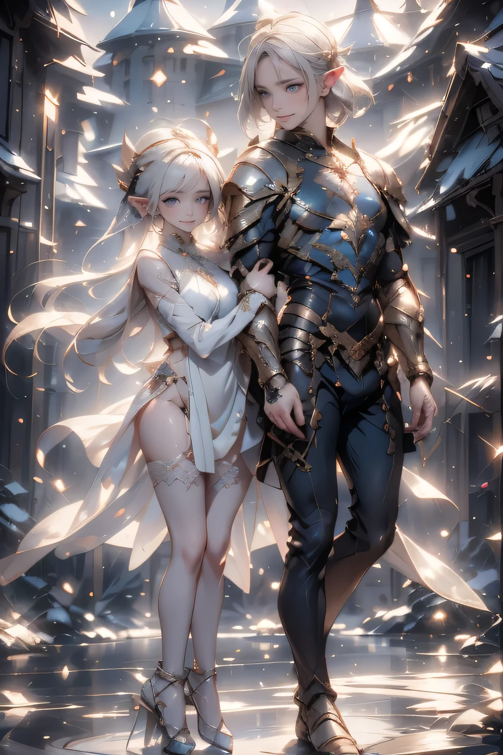 A beautiful dance on ice featuring two elfs, dressed in glossy dresses, realistic and fantastical atmosphere, ethereal lighting, intricate details, whimsical background, soft glows, elegant poses, magical winter scenery
