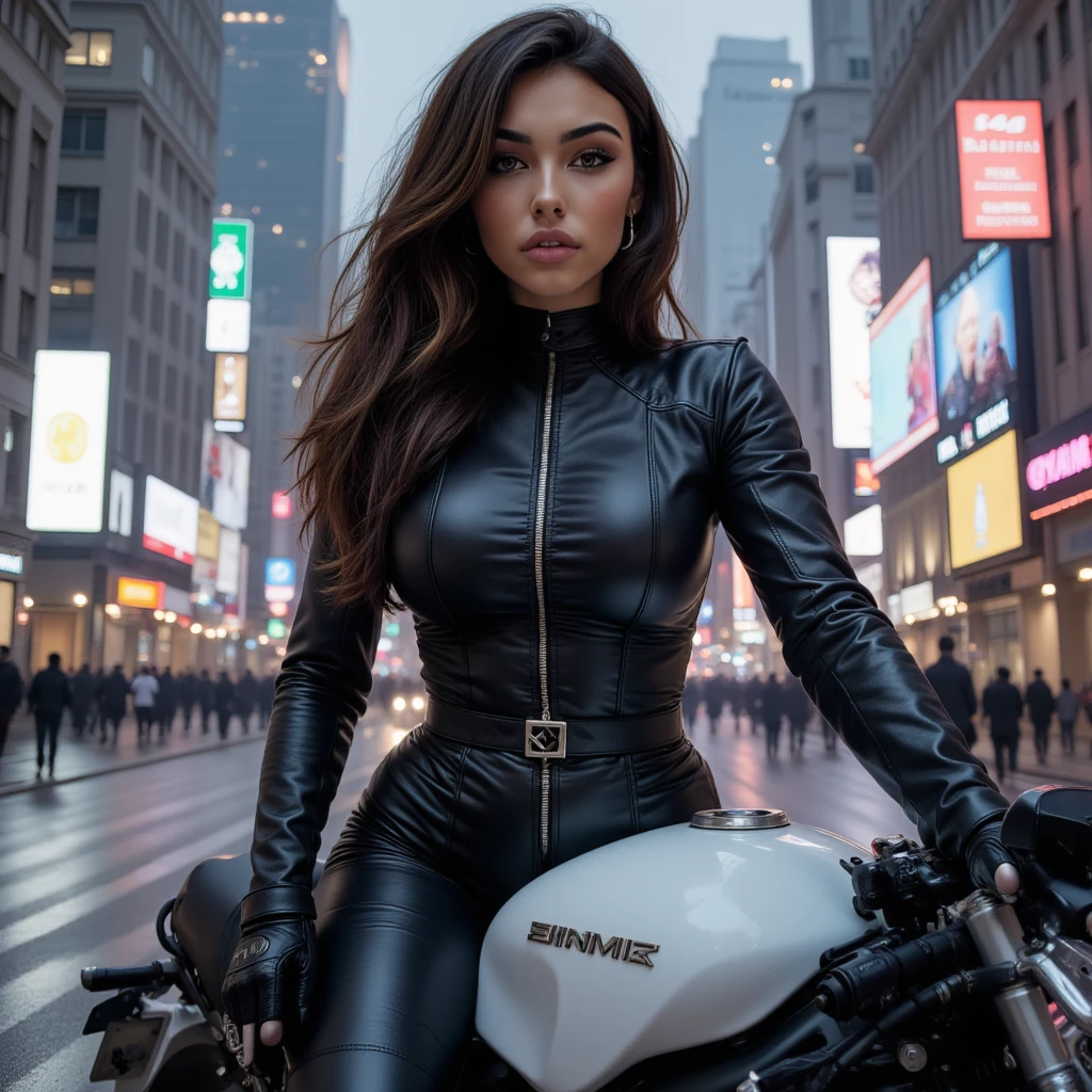 Extremely busty thin and toned brunette photographer, ((mean ?????)), college girl, fair skin, loose ponytail, soft face, athletic, tight black leather motorcycle jumpsuit, motorcycle gloves, long sleeves, unzipped, bra cups. standing in a dirty alley, bullet bike, street bike, motorcycle. outdoors, nighttime, city, cleavage