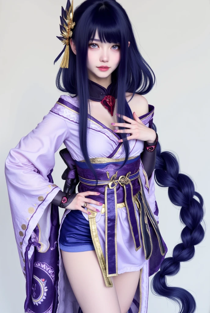General Raiden, solo, long hair, looking at viewer, bangs, hair ornament, thigh-high socks, holding, cleavage, purple eyes, whole body, weapon, purple hair, braid, Japanese clothes, sword, wide sleeves, kimono, Possessed weapons, armor, mole, character name, sash, mole under the eye, sword, obi, gauntlet, braided ponytail, purple nails, electricity, purple kimono, obijime, tomoe (symbol), mitsudomoe (shape), Unsheathed sword, human scabbard,
