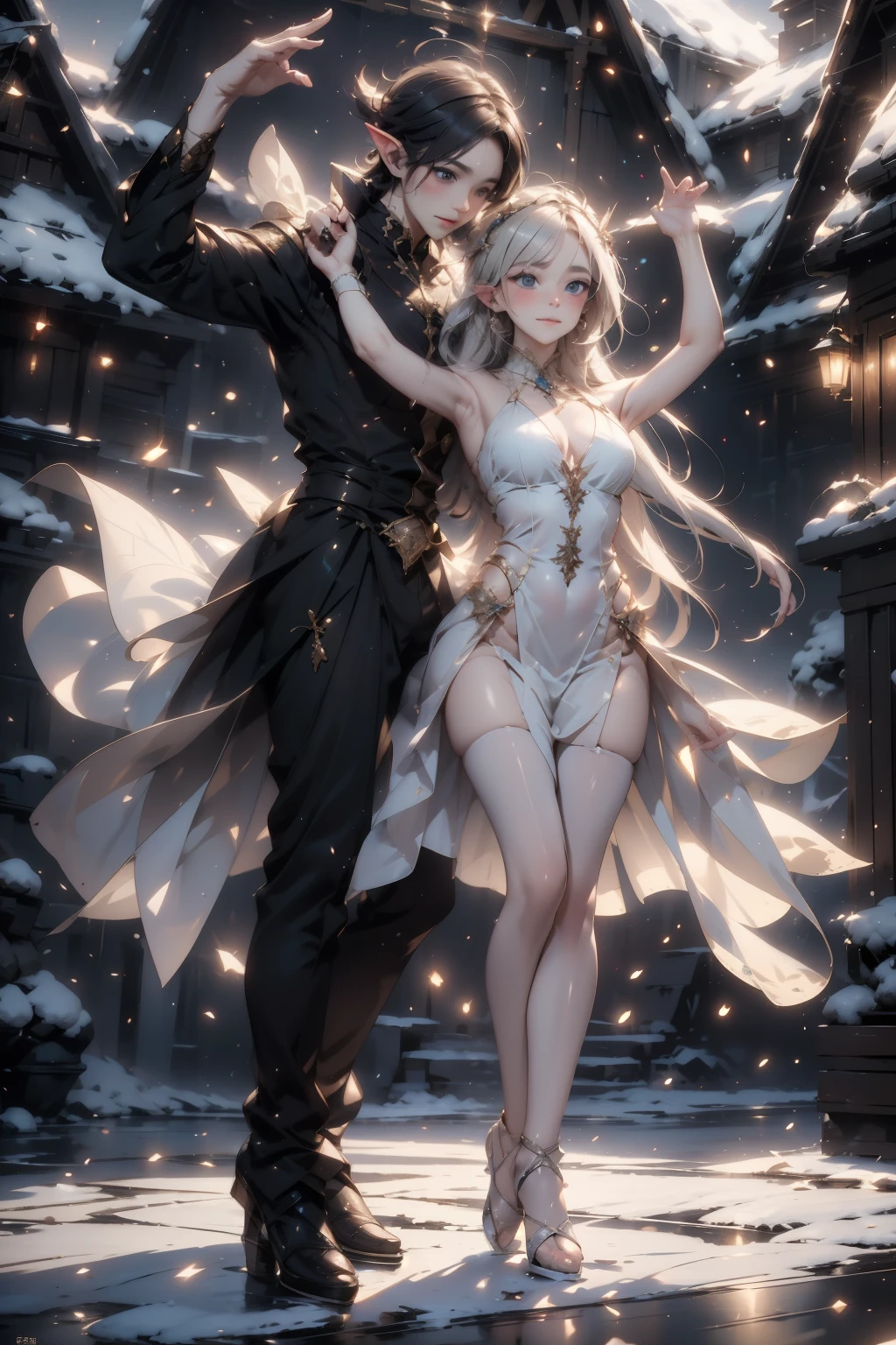 A beautiful dance on ice featuring two elfs, dressed in glossy dresses, realistic and fantastical atmosphere, ethereal lighting, intricate details, whimsical background, soft glows, elegant poses, magical winter scenery