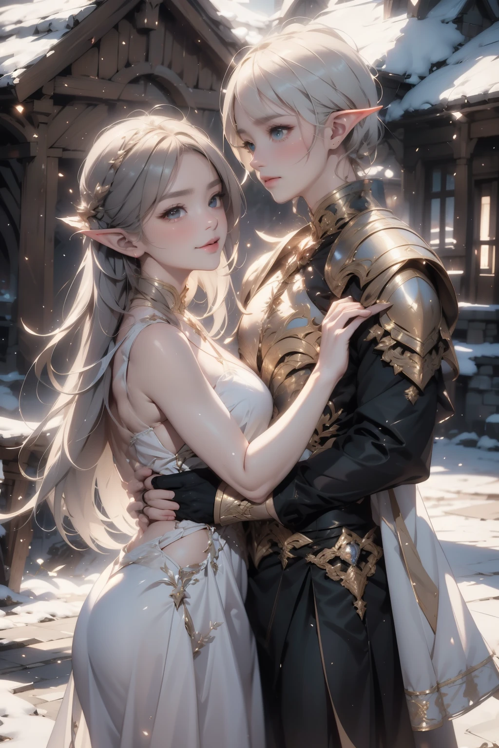 A beautiful dance on ice featuring two elfs, dressed in glossy dresses, realistic and fantastical atmosphere, ethereal lighting, intricate details, whimsical background, soft glows, elegant poses, magical winter scenery