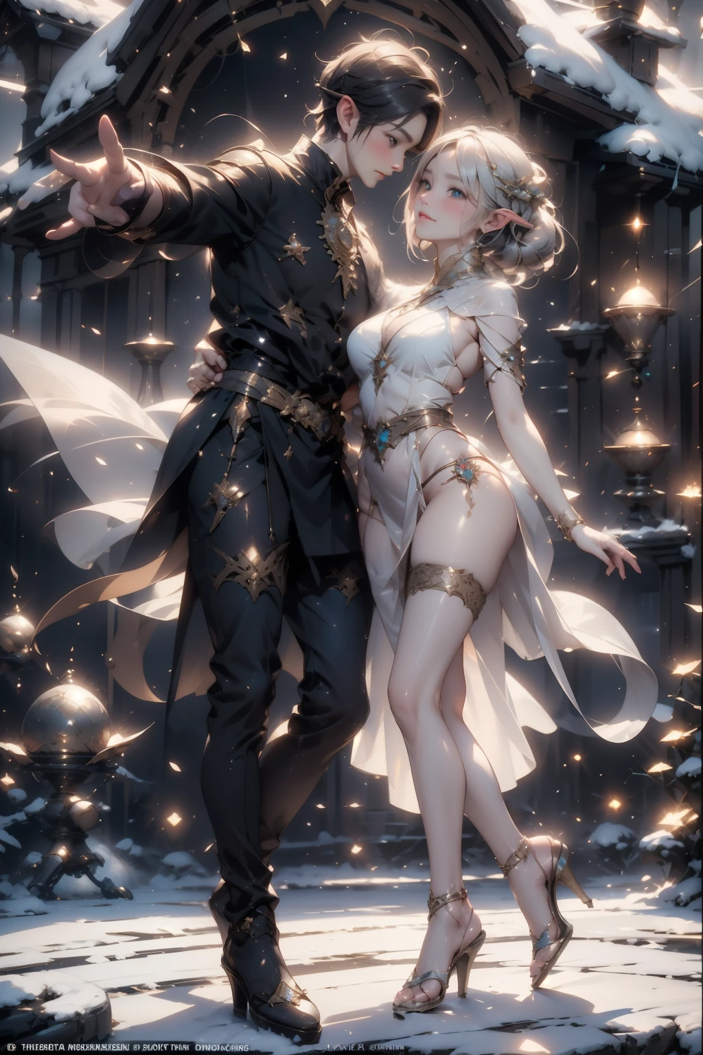 A beautiful dance on ice featuring two elfs, dressed in glossy dresses, realistic and fantastical atmosphere, ethereal lighting, intricate details, whimsical background, soft glows, elegant poses, magical winter scenery