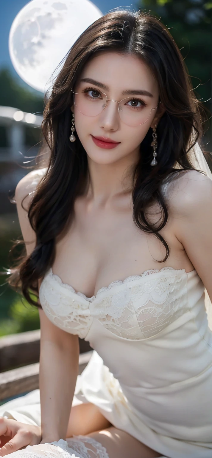 (Canon RF85mm f/1.2), (8K, RAW photos, best quality), (masterpiece), (actual, photograph actual), (Very detailed, High Detail, Best image quality, Super detailed, high resolution, Very detailed, Very detailed的描述, Ultra-fine, Extremely exquisite and beautiful work), Beautiful and delicate girl, Solo Girl, ((Perfect body)), Very detailed eyes and face, White skin, Noble beauty, ((The skin texture is delicate, Pores)), Perfect anatomical structure, Beautiful body, Delicate face, Slim abs, Slim waist), Big Ass, (Large Breasts, Breast enlargement), (Cleavage), (affectionate gaze, soulful eyes, Glowing eyes), (beautiful and clear eyes), (Bounce Curly Messy Long Hair), (Smile:1.2), (fascinated expression), (Attractive appearance), ((Low-cut,Wedding dress,No Sling,Show your shoulders,E cup)), ((Tight)), ((bud)), ((wear glasses)), earrings, necklace, ((night)), ((Street View, moonlight)), Physically Based Rendering, Realistic lighting, (((Upper Body))), ((looking at the audience)), ((Everlasting)), ((Happy and shy))