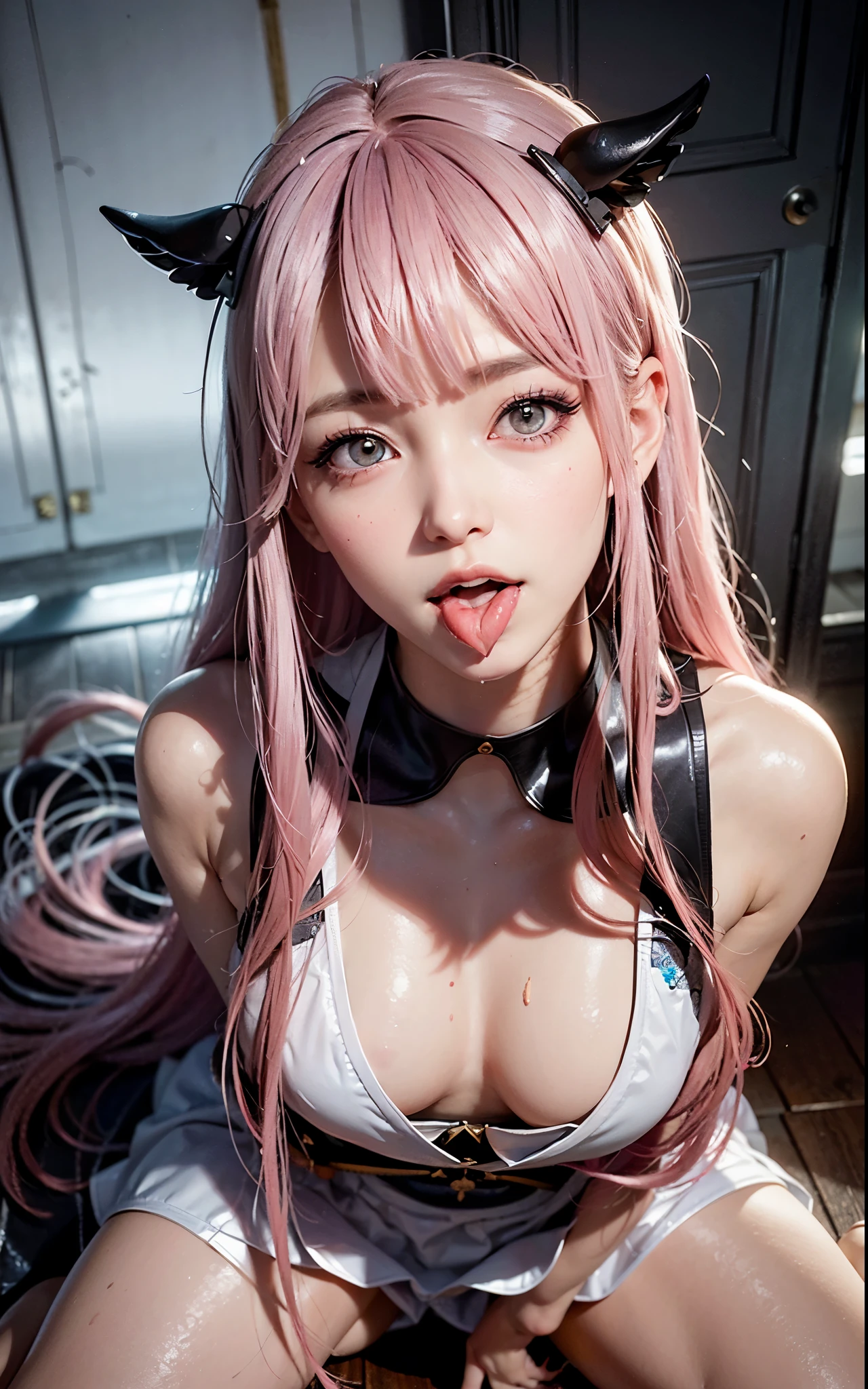 photo realistic, best quality, ultra detailed, masterpiece, Ultra-realistic 8K CG, Perfect Artwork, Realistic, 3D body, cute face, well-featured face, completely nude, 
 (((only 1 girl, 1girl, small breasts, beautiful girl, cute girl and idol face, young face, smile, Beautiful long pink hair, twintails, white skin, Short body, unclothes, close eyes, open mouth, collar))),
(((insult, fear, cry and shout, shed many tears))), (((5 penises around the girl))), 
(((gang rape))), (((from front))),
(((excessive cum on upper body))), (((excessive cum on hair))), (((excessive cum on head))) (((excessive cum on chest))), ((((((((excessive cum on facial)))))))), (((excessive cum in mouth))), 
Inside the abandoned house, black smoke, bokeh