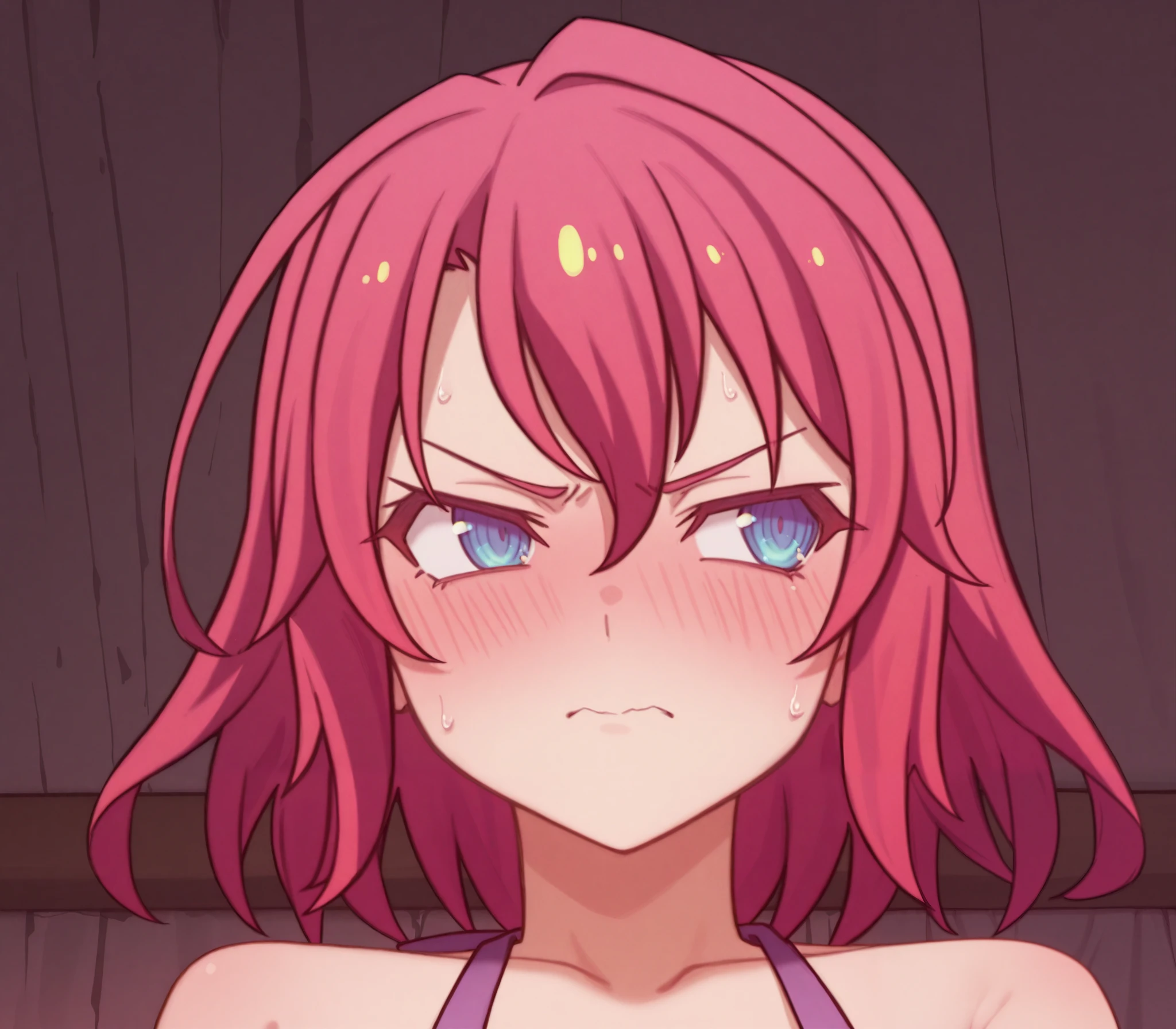 solo, 1 girl,short hair, ((Stephanie Dolla)), red hair, bright blue eyes , Beautiful eyes, No game, no life, very detailed, masterpiece, hand on groin,(angry), naked ,((blush)) , blush, shy, whole body ,full height, shy blame all face ,((Looks away)), ((comic)),((white apron)),Lift up your apron, ((very shy blame head)) , on the side, Close your eyes, scream, (bottom view, perspective)