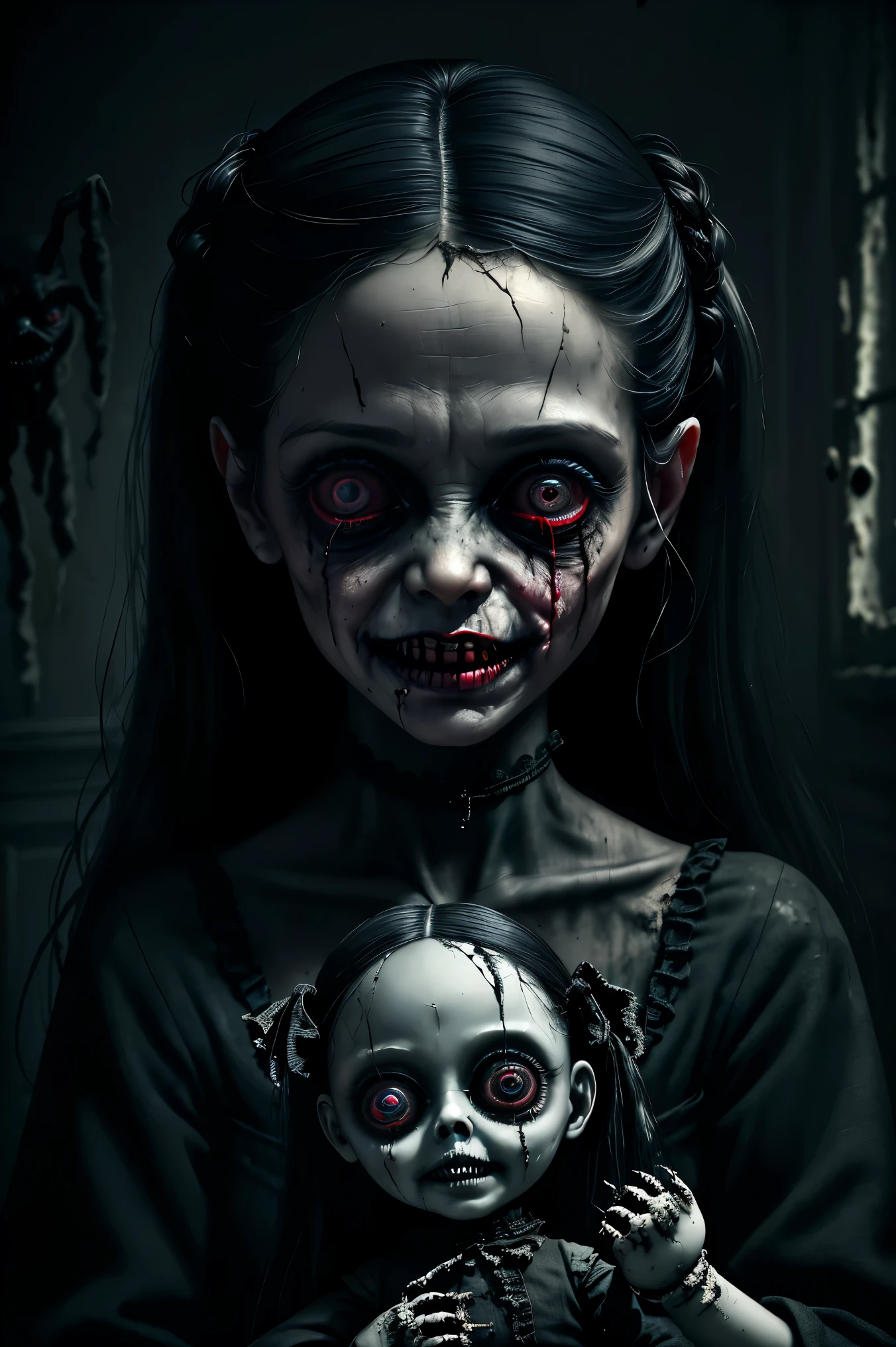Dilapidated Bedroom. Walls dirty and crumbling. One giant creepy, morbid, disgusting, macabre doll. Patches of filthy black colored hair on head. Torn, dirty fabric, coming apart at the seams. The creepy doll has a finger pointed at another smaller, stuffed animal who hangs upside down from a rope. The upside down stuffed animal is bruised and bleeding. The creepy evil doll smiles meniacly with devil eyes. Terrified stuffed animals look at the creepy doll with fear. Startling scene. Horrific evil doll with devil eyes. Devilish smile. Demonic, creepy doll. Photo-realistic,ultra-detailed,realism,portrait photography,cinematic portrait,cinematic photography, UHDR, full focus, highest quality, cinematic lighting, attention to detail,optical illusions, unique, cinematography, best quality, masterpiece.