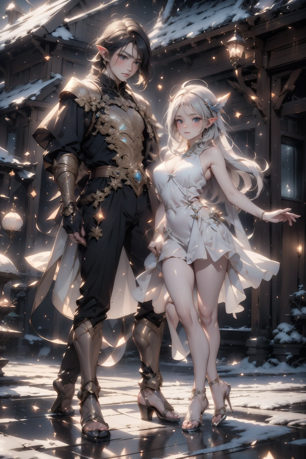 A beautiful dance on ice featuring two elfs, dressed in glossy dresses, realistic and fantastical atmosphere, ethereal lighting, intricate details, whimsical background, soft glows, elegant poses, magical winter scenery