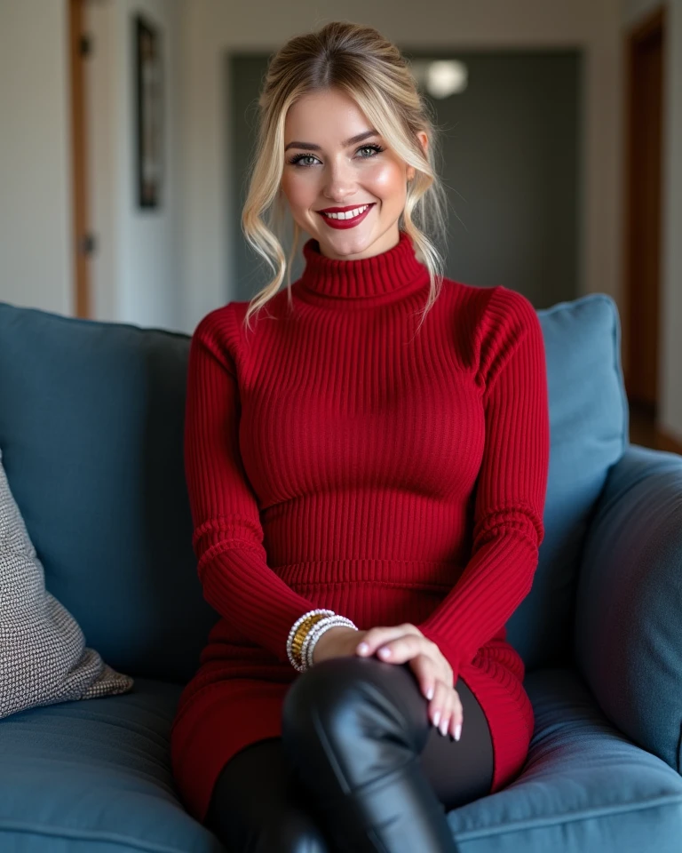 photo of a skinny very old wrinkly-faced faced mature blonde messy long hair thrown into a messy bun ponytail. She wears: (turtleneck soft high ribbed bright red super tight sweater:1.1), submissive seductive pose, high tight ribbed neck, seductive smile, perfect fake tits, horny eager granny, teasing sexy old lady, cum on her face, drenched in cum facial