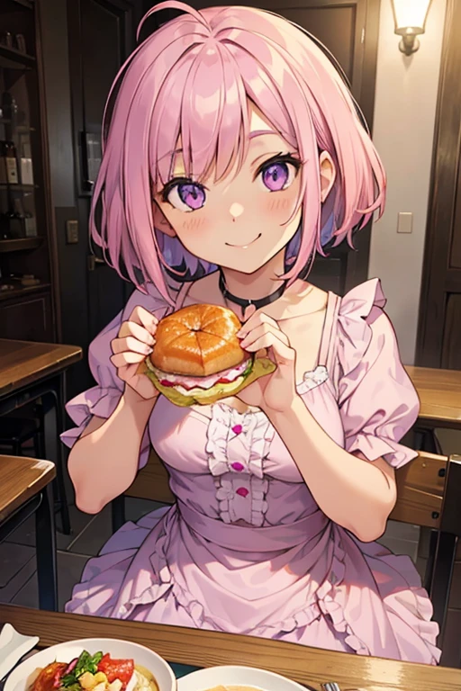 Tabletop, Highest quality, shape, Very detailed, In detail, High resolution, 8k wallpaper, Perfect dynamic composition, Beautiful attention to detail, ,Medium Hair、Natural color lips, Bold sexy pose,((One 20-year-old girl with purple hair))、Small underwear、Big Breasts、Big Ass、Inside a fast food restaurant、I'm drinking juice、smile、cute、sexy shot looking at camera、