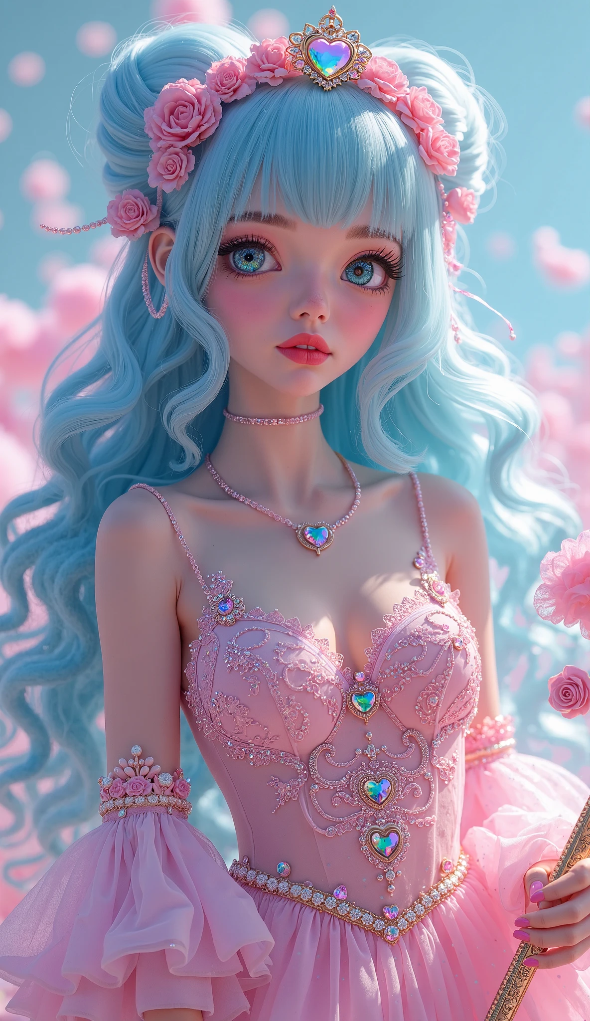 Light blue and pink color scheme，1 sexy girl ，Slender body，white curly hair,　Bright colored camisole