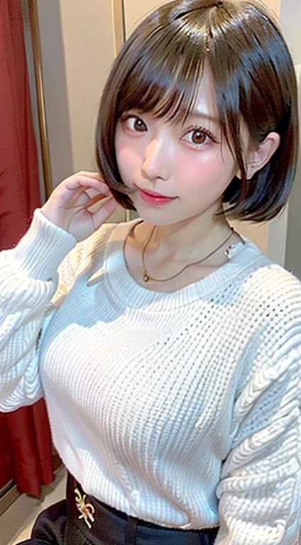 (top-quality、8K、32K、​masterpiece、Photorealsitic:1.4、nffsw:1.2)、Photo of a cute Japanese woman、Colossal tits:1.4、very short bobbed hair、The upper part of the body、sface focus、Oversized_Sweaters、a necklace、simple background、From  above、looking at the viewers、cleavage of the breast:1.5、Balanced body