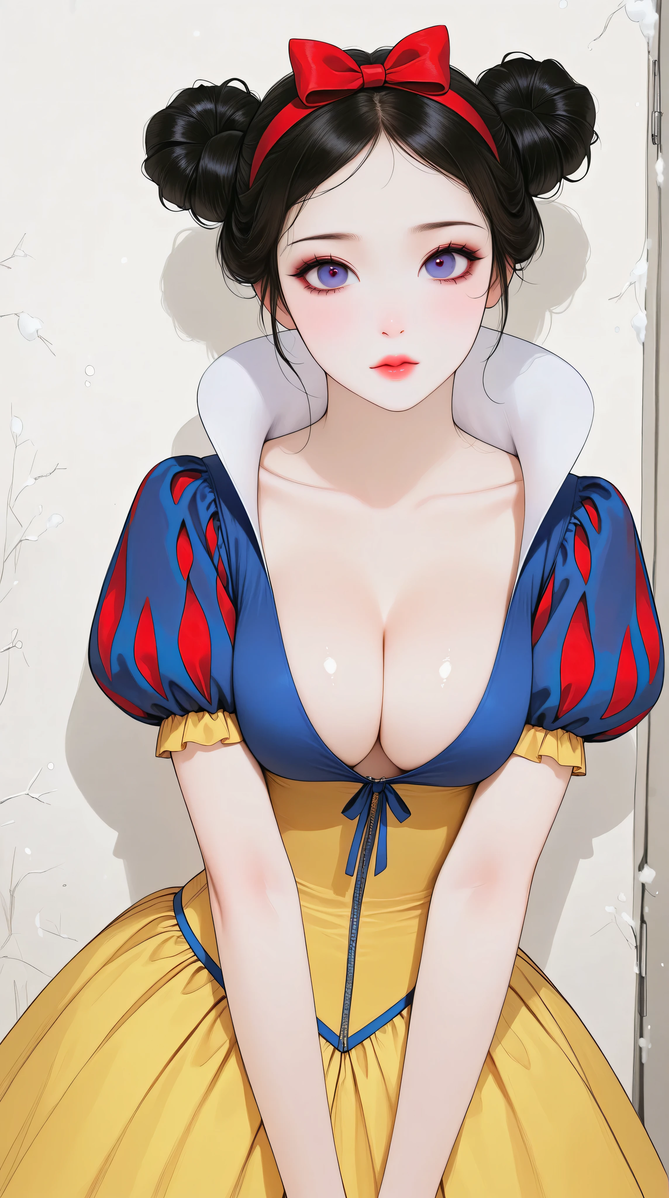 Kizi,Highly detailed, Amazing work,Vitreous luster,((clean backdrop)),In black,red colors,white color,Best quality at best,clean backdrop, shiny skin, goth, plunging neckline, perfect breasts, cleavage, snow white, hairbuns,