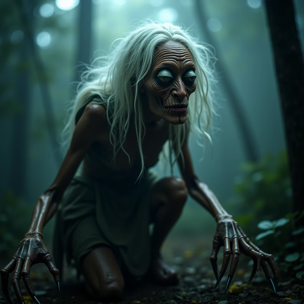 A thin old woman on a rooftop at night in a drawing ( a little less realistic e sim em desenho animado) (a little less realistic)( an old woman who looks like Samara) ( on a farm roof) ( this one, only hunchbacked) ( looking down)