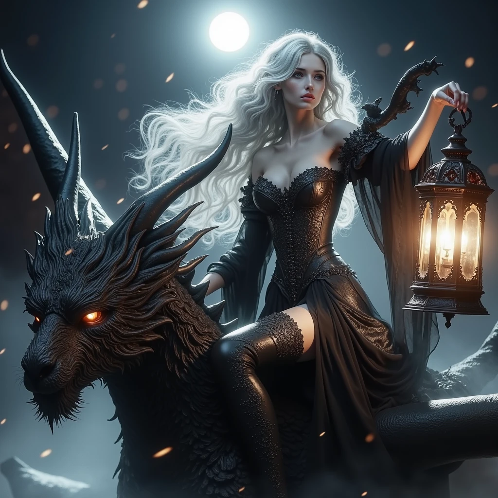 extreme dark forest in background, colorful. sinister, Aurora, mythical and magical, erotic pose, pore white hair, small tits, big eyes, body covered with tattoo, red lips, erotic, dark light, black dress ,glowing