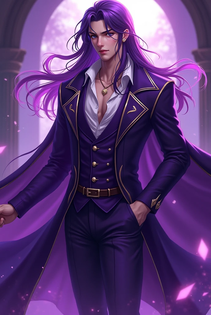 An anime men with seductive aura. Purple colour themed. mage. Beautiful seductive face and long hair. Fullbody shot