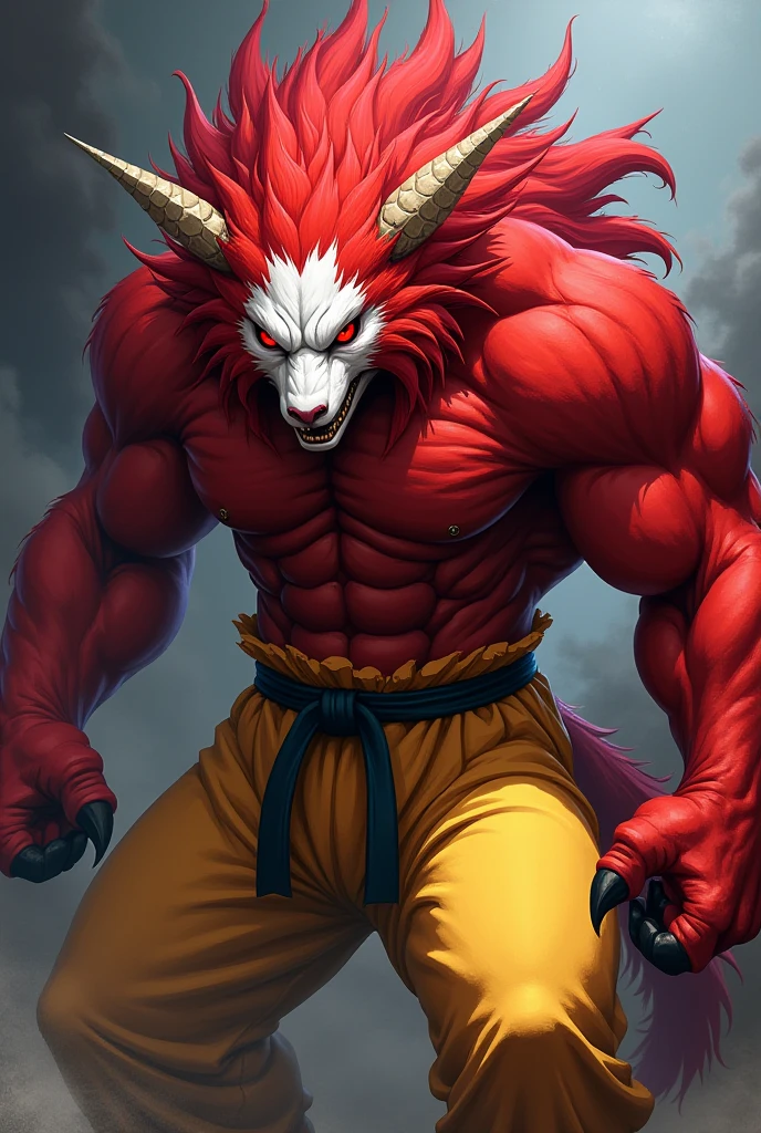 Realistic giant ape monster with red hair, has the same horns, has the same fangs, angry expression, has 4 tails, muscular body, realistic light, realistic shadow, realism, hyper realistic,(photorealistic:1.2)