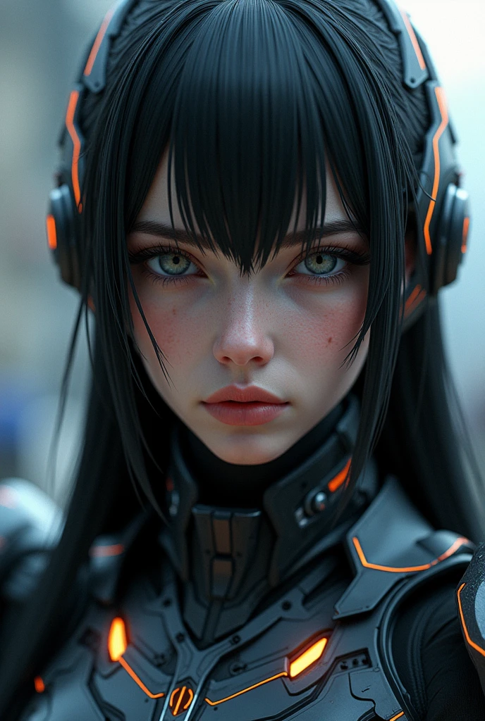 (big close up), masterpiece, best quality, official art, extremely detailed CG unity 8k wallpaper,absurdres,8k resolution, exquisite facial features, prefect face, Cinematic Lighting, dynamic lighting, volumetric lighting maximalist photo illustration: by Marton bobzert, 8k resolution concept art intricately detailed, complex, elegant, majestic, , fantastical, aspect ratio:16:9, shining mecha suit, Fantasy detailers, a woman (una hermosa chica de ojos grises y cabello l) in Epic mecha suit, neon light armor, straight long hair, standing holding a spear, Fantasy detailers, looking_at_viewer, front view, woman, ,Cabello largo, Cabello , Labios partidos,