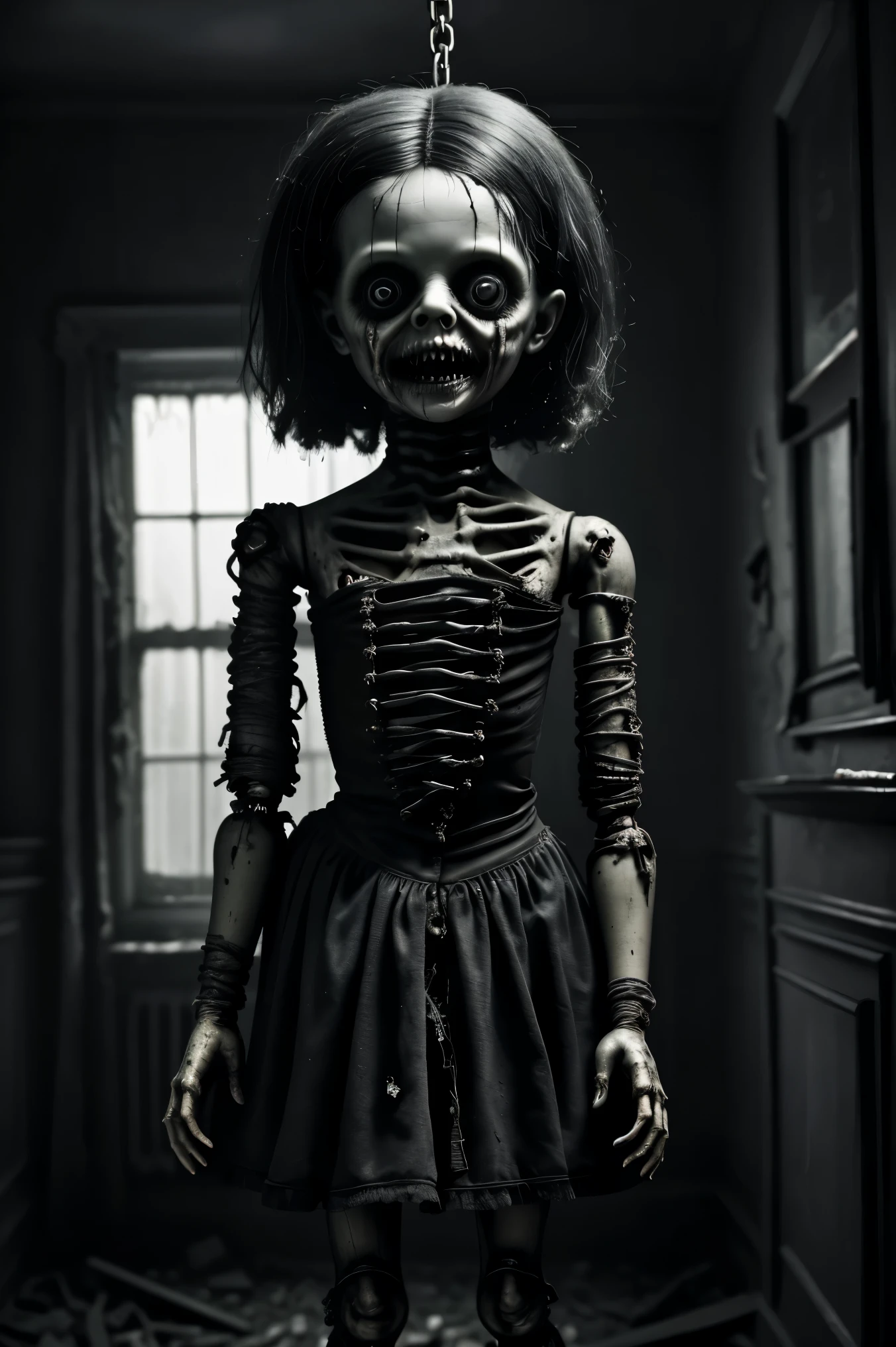 Dilapidated Bedroom. Walls dirty and crumbling. One giant creepy, morbid, disgusting, macabre doll. Patches of filthy black colored hair on head. Torn, dirty fabric, coming apart at the seams. The creepy doll has a finger pointed at another smaller, stuffed animal who hangs upside down from a rope. The upside down stuffed animal is bruised and bleeding. The creepy evil doll smiles meniacly with devil eyes. Terrified stuffed animals look at the creepy doll with fear. Startling scene. Horrific evil doll with devil eyes. Devilish smile. Demonic, creepy doll. Photo-realistic,ultra-detailed,realism,portrait photography,cinematic portrait,cinematic photography, UHDR, full focus, highest quality, cinematic lighting, attention to detail,optical illusions, unique, cinematography, best quality, masterpiece.