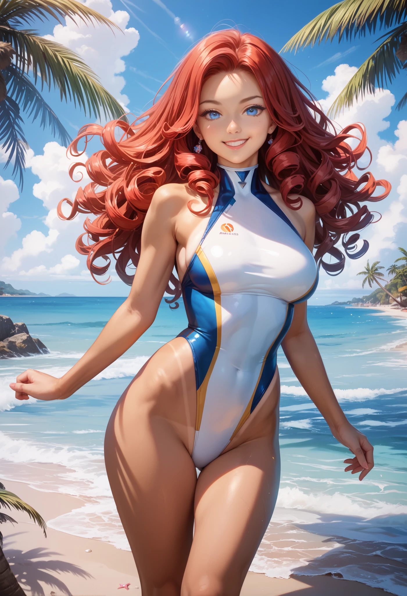 18 years old, the ideal female body is 1.89 meters tall and the ratio between bust, weight and waist and hip measure 20 x 30 x 20 cm, orange and white red hair, blue eyes skinny bikini outfit --auto --s2