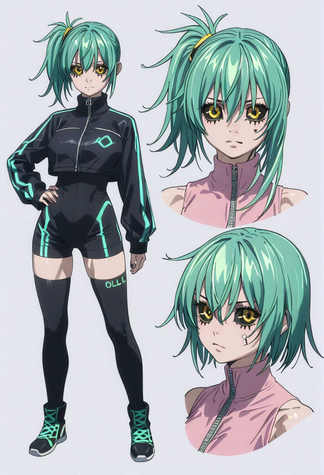((three sided view)), ((full bodyesbian)), (Simple background), ((multiple views)), ((High resolution)), ((concept art of character)), ((Character Design Sheet)), (Same role), (frontage), (Lateral face), (on back), (simplebackground), (white backgrounid:1.3), ((((My Hero Academia Style)))), (Inko Midoriya), 1Girl, Goth Woman, ((pale skin)), black lipstick, ((((long straight black green hair with bangs))), choker with spikes, black clothes, big breasts, thin waist, wide hips, attractive face, (((big black platform combat boots))), ((((black Chaps with exposed crotch)))), (((green thong))), (((exposed crotch with thong))), (((green tube top))), ((exposed collarbone)), ((exposed shoulders)), abs, ((slightly marked musculature)), ((Bracers studded with spikes)), ((Black fingerless gloves)), ((exposed belly)), ((((full body photo:1.5)))), ((green bikini)),