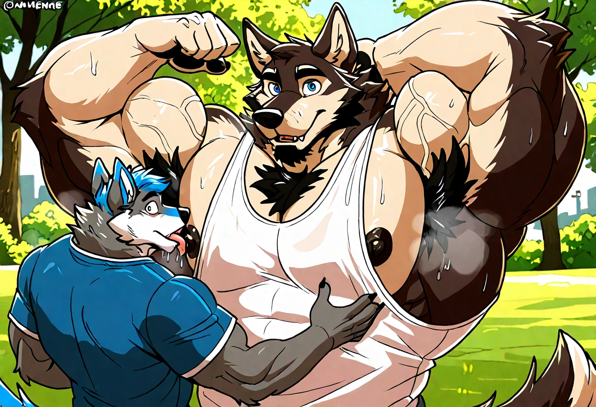 Young, naked, male, furry cub, cub anthro wolf, small penis, chubby, father and son, incest, son getting handjob from father, father has musclechub body, hairy dad, anthro wolf, cub son, young son