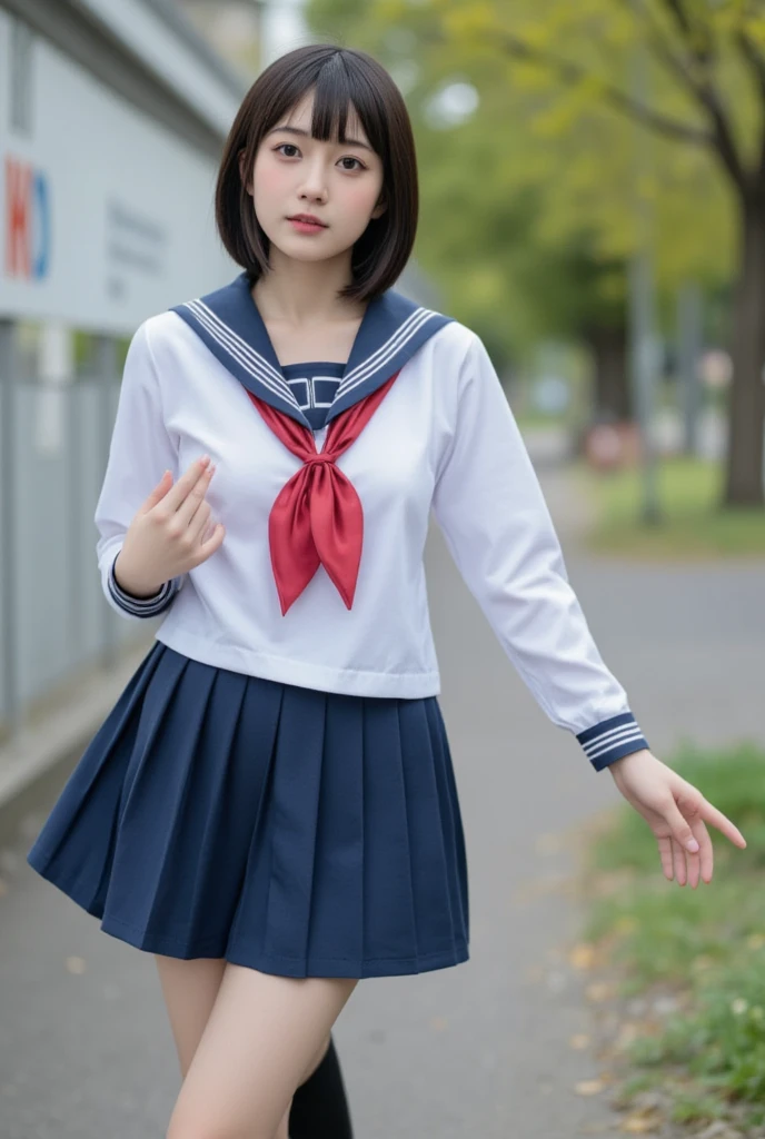 masterpiece, best quality, photorealistic, raw photo, DSLR, 15-year-old beautiful Japanese girl, shiny fair skin, realistic beautiful no makeup face, realistic beautiful bright eyes, double eyelids, look at viewer, smiling, highest detailed 2 shiny black low short pigtails and bangs, disheveled hair, slim figure, slim face, slim waist, medium breasts, ((school sailor suit, pleated skirt)), realistic lighting and shadows, depth of fields, highest delicate and beautiful photo, ultra high resolution, 8k UHD wallpaper,