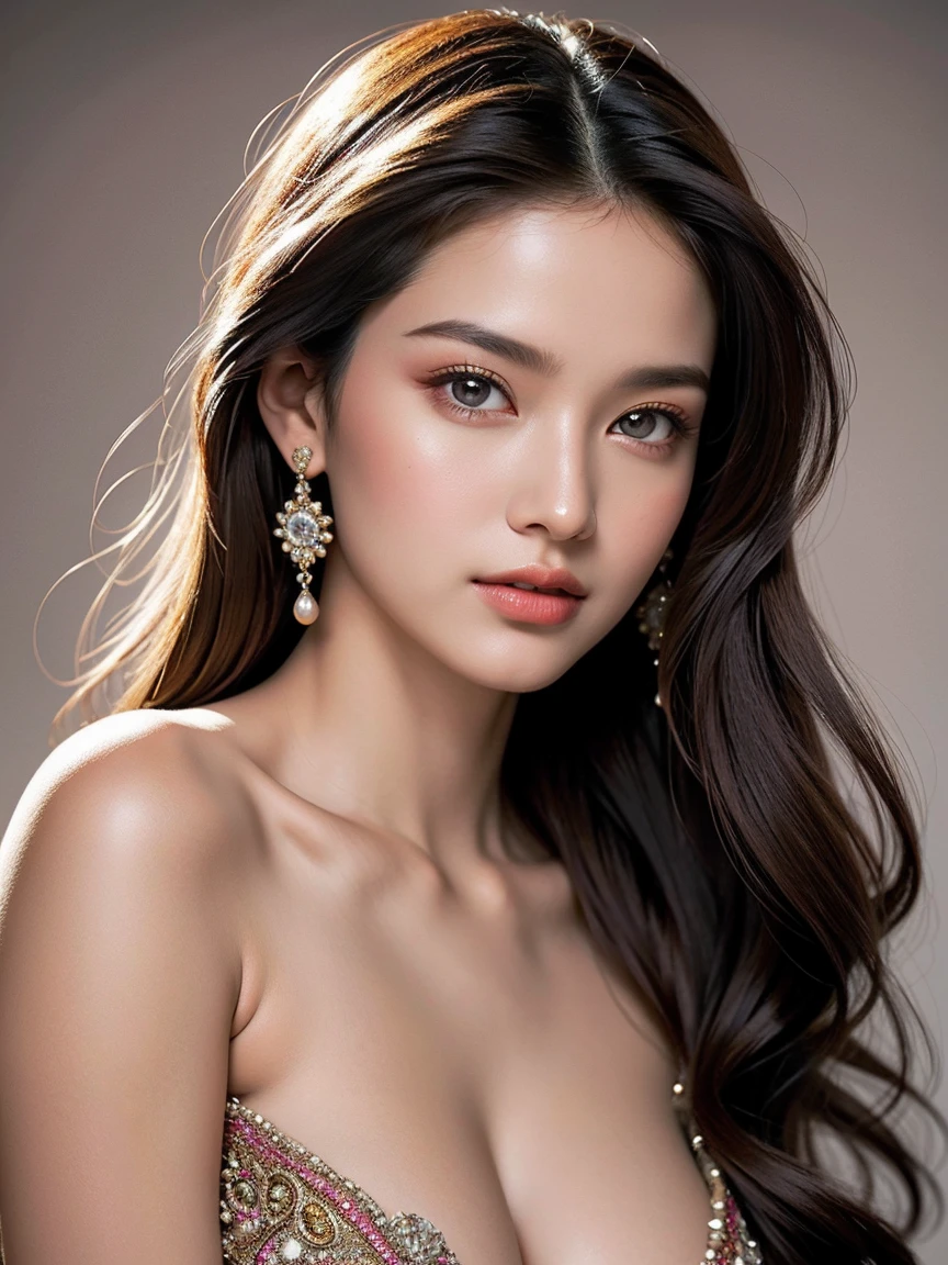 (masterpiece), (((head to thigh portrait))), perfect , intricate, (highly detailed), masterpiece, photorealistic, perfect , cinematic lighting, shading, super detailed skin, beautiful detailed eyes, best quality, ultra-detailed, very detailed and perfect natural , very detailed and shinning glossy hairs, very detailed and perfect symmetrical face, detailed and shining glossy eyes, detailed and shinning natural hairs, detailed full glossy lips, An unparalleled masterpiece of ultra-realistic illustration, captured in the enchanting embrace of twilight's soft glow. Amidst the sienna-kissed hues of the 8K resolution canvas, an Indian beauty emerges with a breathtaking presence that transcends reality. Her sharp, highly detailed facial features reveal an expression of poise and inner peace, with glossy eyes that shimmer with the wisdom of ages and the spark of a mythical being. The iridescent and luminescent scales of her skin, a testament to her divine nature, shimmer in the volumetric light that dances around her, casting ethereal auras and rays that enhance the surreal beauty of the scene. Her natural, large- are framed by an exquisitely detailed , a harmonious fusion of the human form with the grandeur of Art Nouveau sophistication. Her dark brown hair, meticulously drawn with each strand accounted for, is swept into an elegant bun that speaks volumes of her refined grace. The traditional Indian dress and veil she dons are reimagined with a 1930s Hollywood chic flair, showcasing an unforgettable synthesis of cultures. The garments cling to her figure with a stunning realism, revealing the very molecular textures of the fabric as it kisses her flawless skin. The environment around her is a symphony of vivid colors and highly detailed elements, creating a perfect composition that whispers tales of an era long past yet forever etched in the present. Her surroundings, bathed in UHD clarity, ((head to waist portrait))