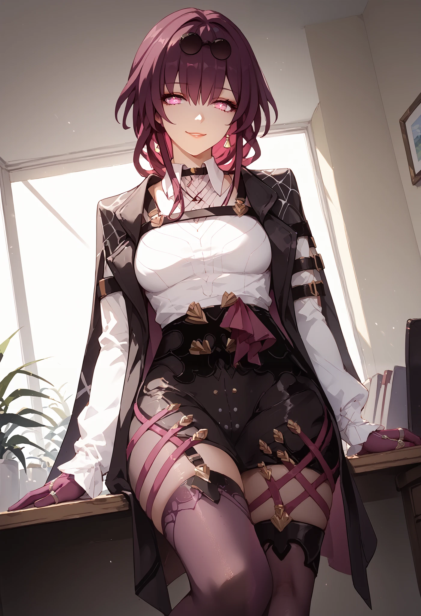 1girl, kafka (honkai star rail), solo, dutch angle, from below, dark purple hair, pink eyes, (beautiful detailed eyes: 1.4), rimless oval glasses, white high-collared shirt, detachable hooded cape, violet gloves, fitted black skirt, garter straps, violet stockings, black stiletto heels, smirk, office, leaning on desk, dominant pose, wallpaper, masterpiece, high quality, highly detailed
