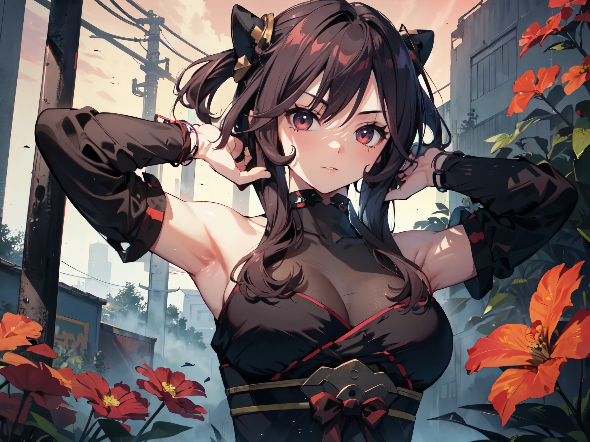 (((Alone))), ( upper body), cyberpunk、 (((Kunoichi Ninja )))、( dynamic posing)、Big Breasts、Red Sky、Red Flower、Green Forest