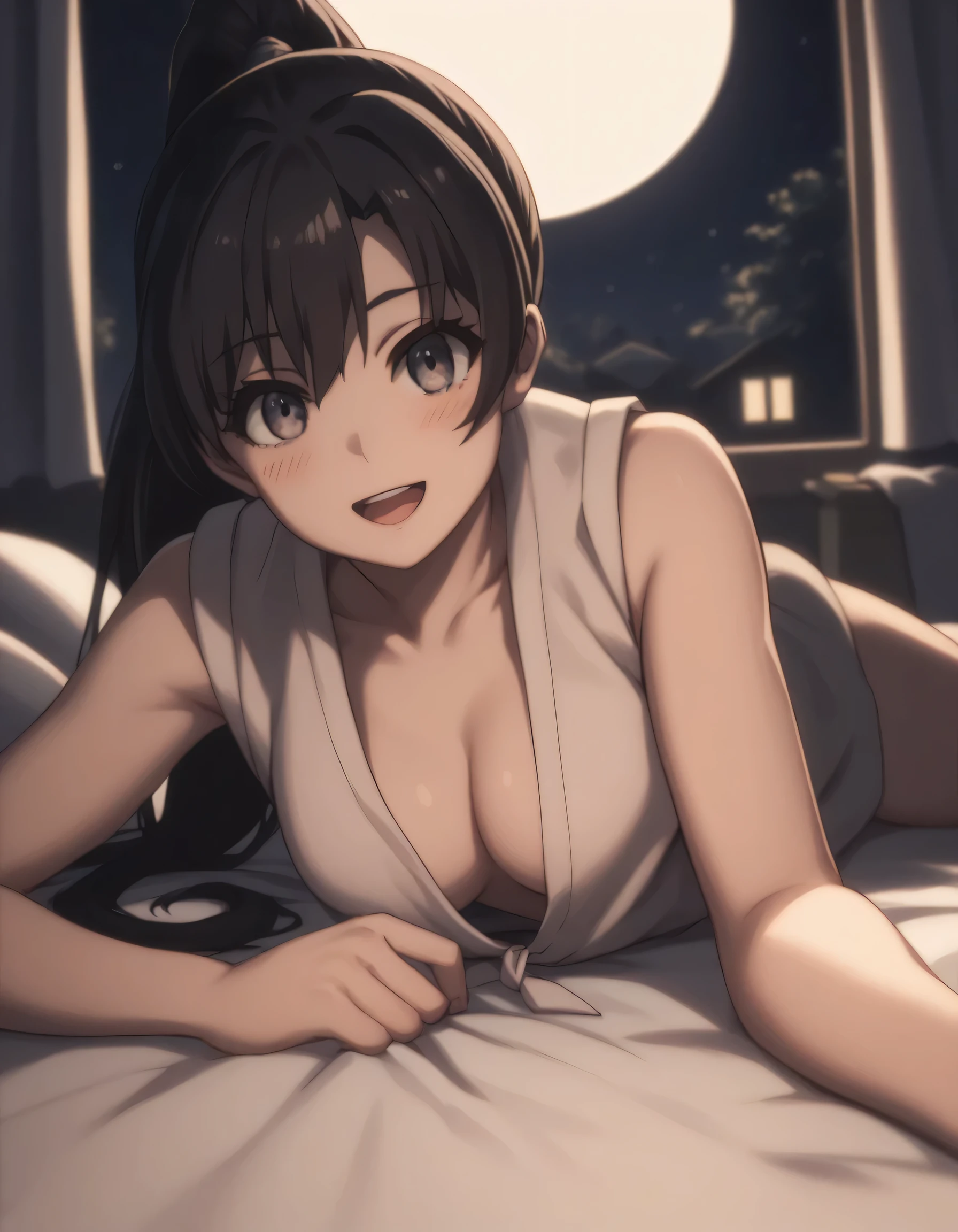 1girl, v-shaped eyebrows, :D, (blush:1.1, mid wild hair:1.2, spinning eyes:1.1), black hair, brown eyes, cat ears, gigantic breast, wallpaper, landscape, depth of field, night, in a room, light particles, light rays, sidelighting, (black tanktop:1.1, brown short pants:1.3)