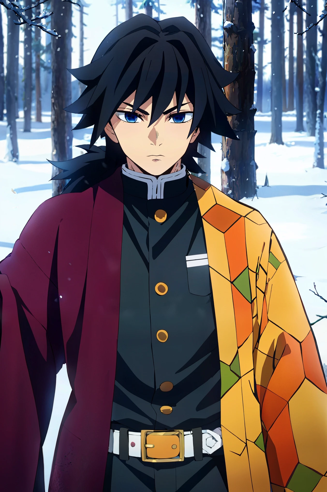 Tomioka Gyuu, showed Demon Slayer, one boy, Alone, upper body, winter, snow, forest, tree, nature, snowing, long hair, staring at viewers , blue eyes, black hair, long sleeve , standing, jacket, focus on men, Outdoors, kimono, belt, black jacket, black pants , Haori, white belt, showed Demon Slayer uniform, girl , holding a sword ,