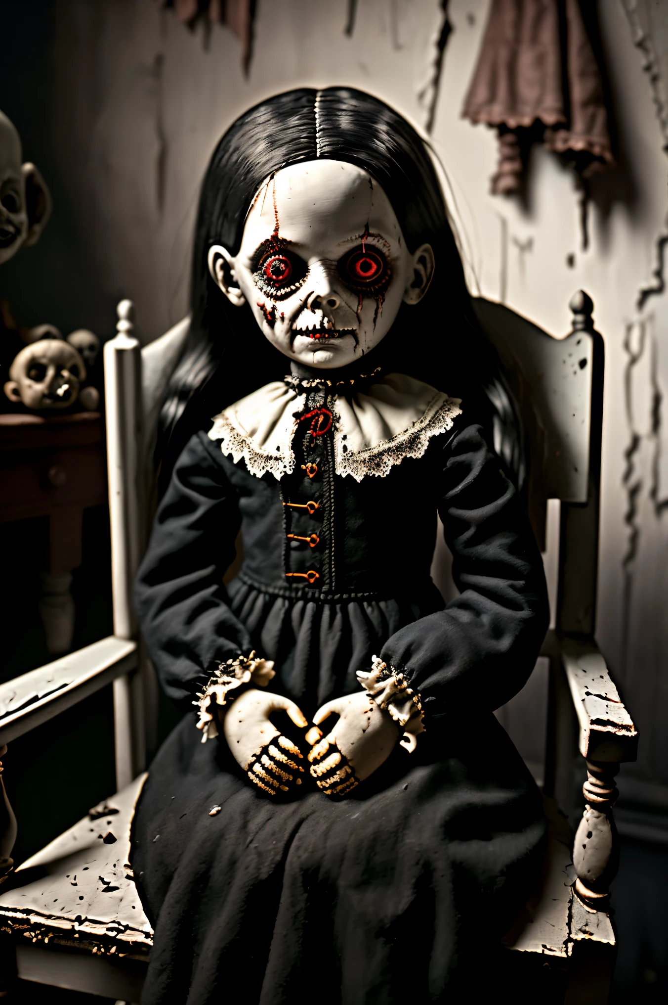 Dilapidated Bedroom. Walls crumbling. Toys. One giant creepy, morbid, disgusting, macabre doll sitting in a chair. Patches of black hair. Torn, dirty fabric, coming apart at the seams. Bare thread seen. Terrified stuffed animals look at the creepy doll with fear. Startling scene. Horrific evil doll with devil eyes. Devilish smile. Demonic, creepy, evil looking, menacing doll. Iconic images. Photo-realistic,ultra-detailed,realism,portrait photography,cinematic portrait,cinematic photography, UHDR, full focus, highest quality, cinematic lighting, attention to detail,optical illusions, unique, iconic, cinematography, best quality, masterpiece.
