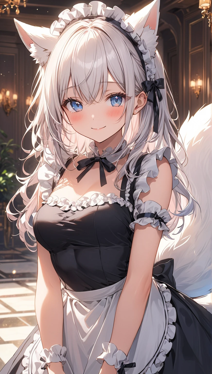 high resolution　Best image quality　8K　 Adult females　Anime style　White long gloves(Elbow gloves)　cuff　White maid outfit（Strapless）stocking　White wolf ears　short hair（（shortcut）（White hair）（Perm）（Fluffy））　blue eyes　Charming face（Smile）　Standing　Wave