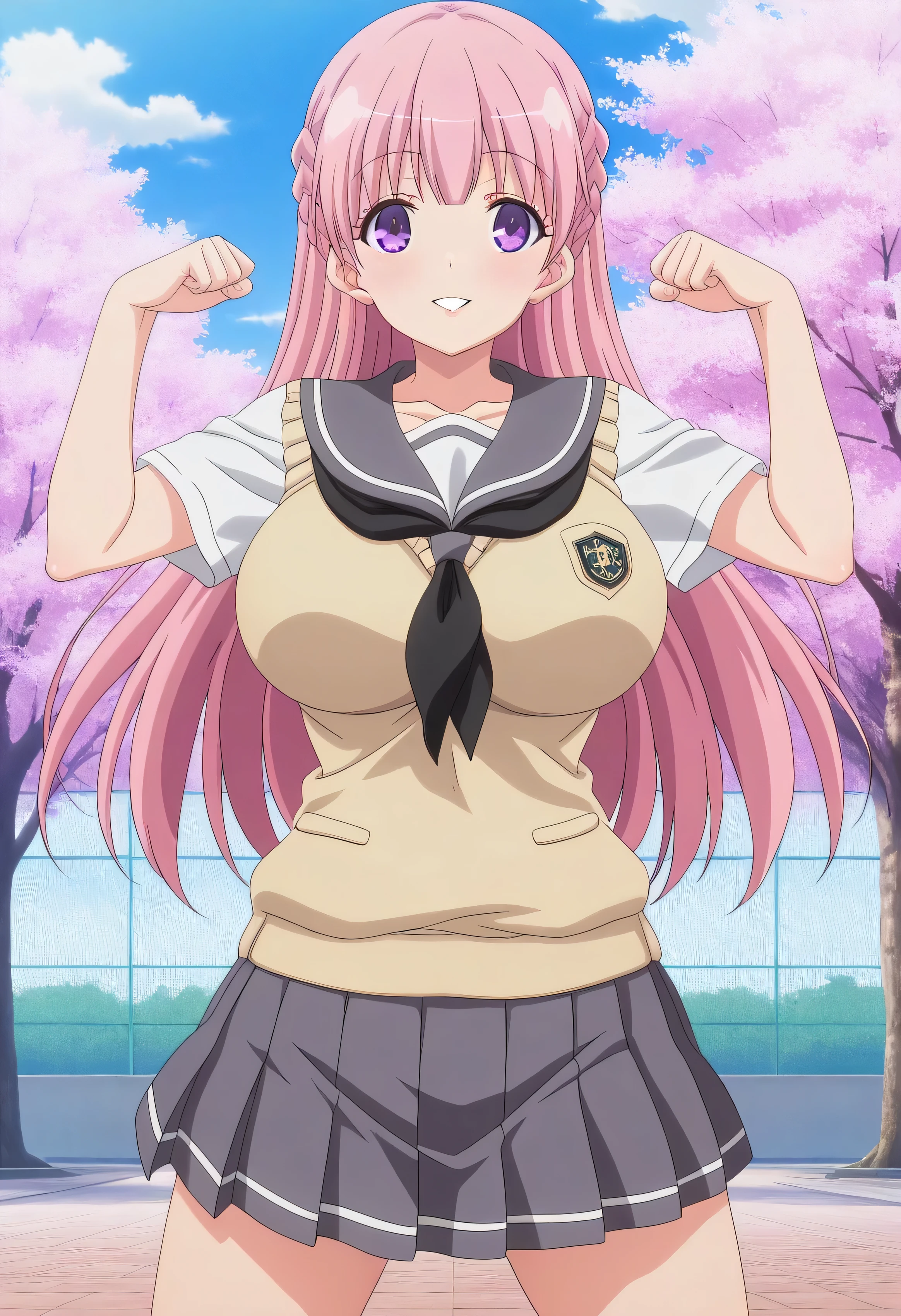 happy,dynamic pose,sexy pose,random pose,very_aesthetic, best_quality ,high_resolusion,ultra detailed,easynegative,EasyNegativeV2,anime screencap,
standing, straight-on, smile,parted lips,outdoor, cowboy shot,school uniform,
Yuki himeno,pink_hair, braid, purple eyes, large_breasts,