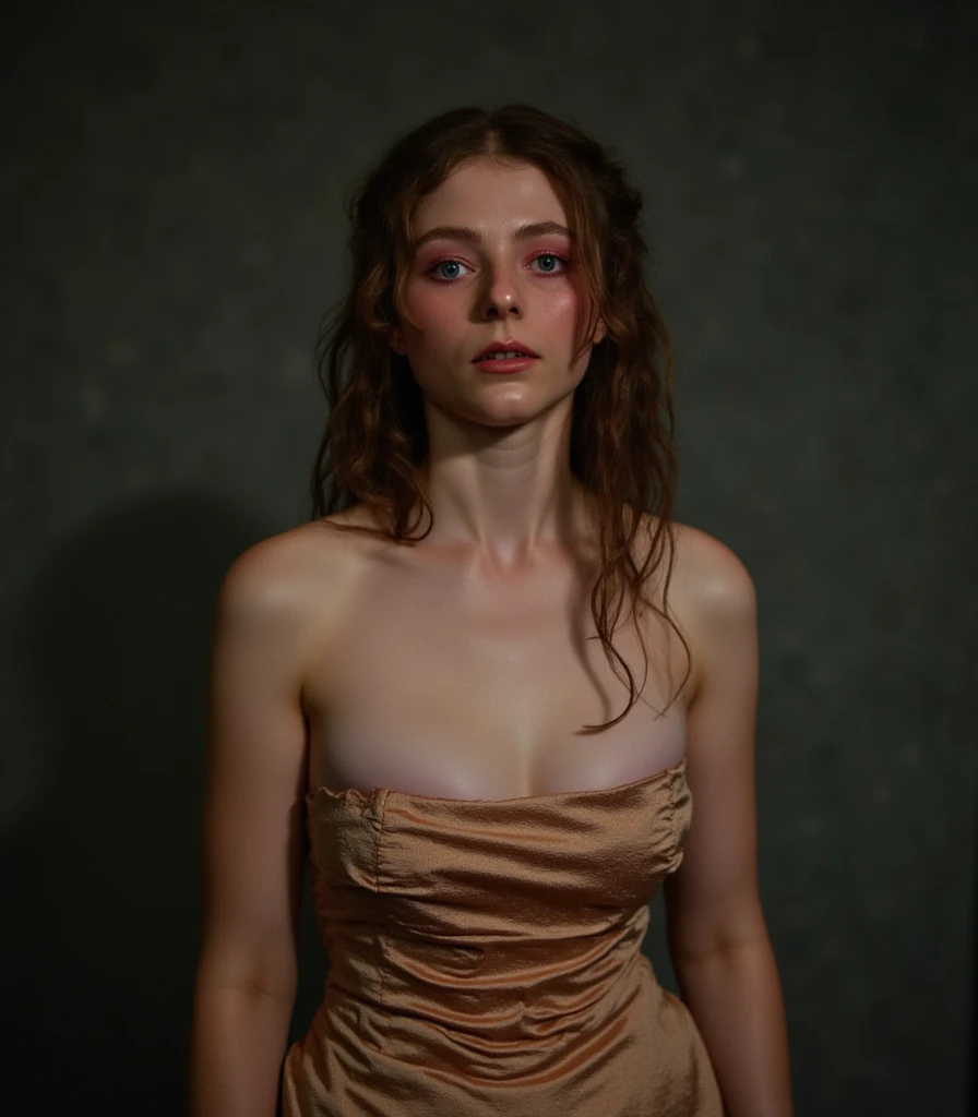 femme 23 ans, tied blonde hair, Chignon, dans une robe sombre, brume, beaucoup de brouillard, very gray image, triste, Melancholy, Very dark, three brumeux, perdue dans la nature, Sensuel, main dans le dos, Robe ouverte, simple ruban autour du cou et dans les cheveux, Regarder en bas, Low light
