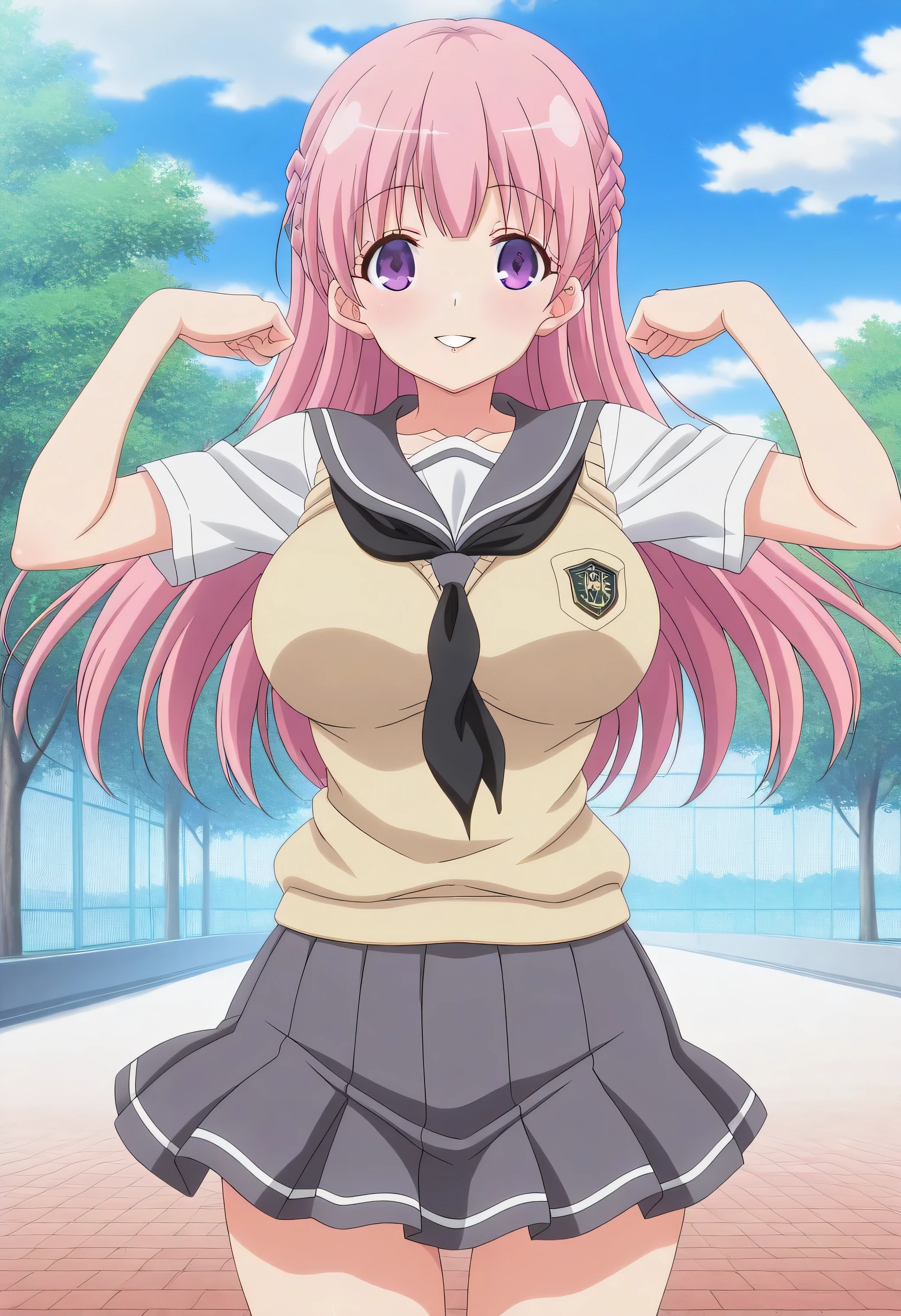 happy,dynamic pose,sexy pose,random pose,very_aesthetic, best_quality ,high_resolusion,ultra detailed,easynegative,EasyNegativeV2,anime screencap,
standing, straight-on, smile,parted lips,outdoor, cowboy shot,school uniform,
Yuki himeno,pink_hair, braid, purple eyes, large_breasts,