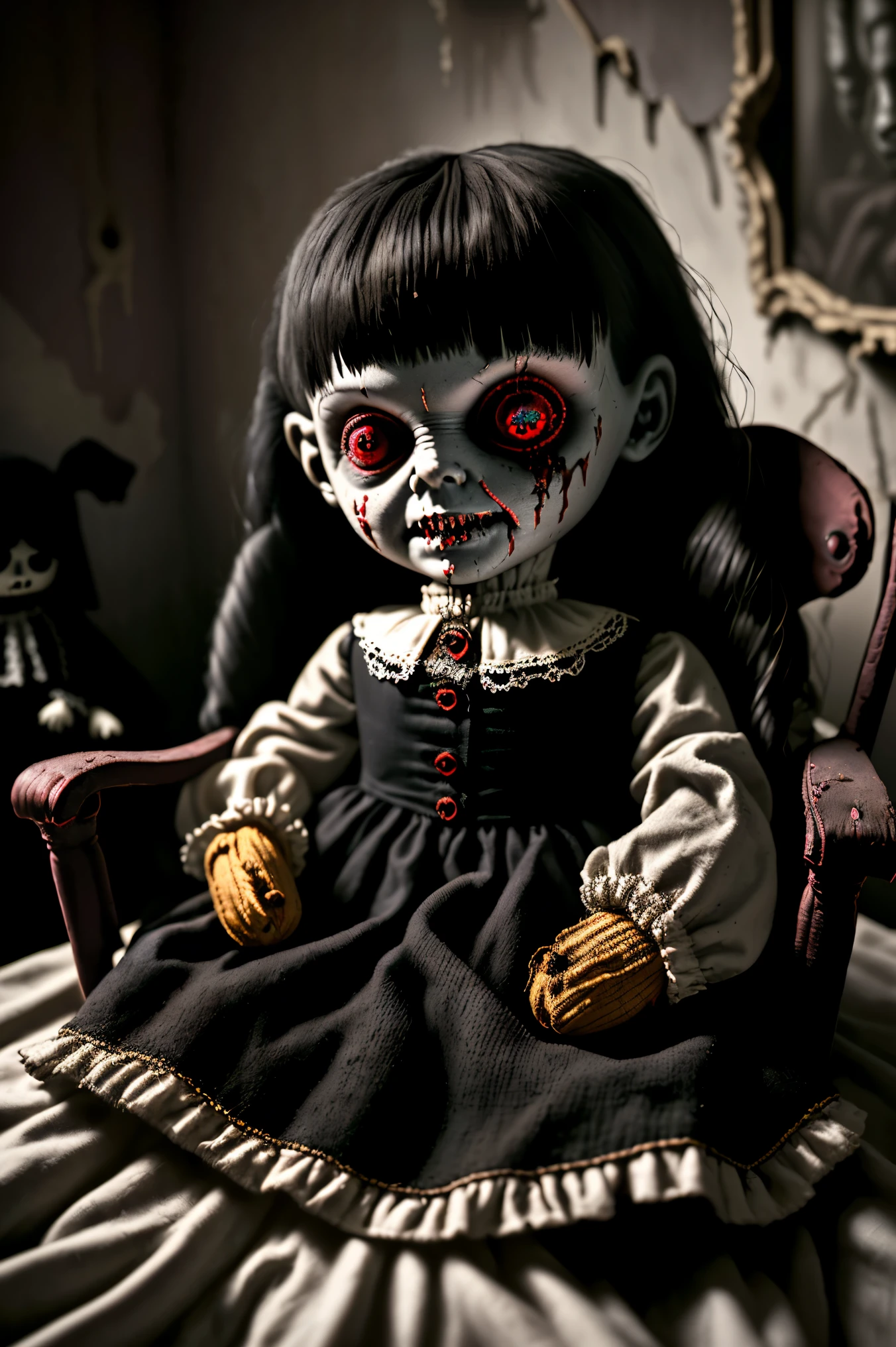 Dilapidated Bedroom. Walls crumbling. Toys. One giant creepy, morbid, disgusting, macabre doll sitting in a chair. Patches of black hair. Torn, dirty fabric, coming apart at the seams. Bare thread seen. Terrified stuffed animals look at the creepy doll with fear. Startling scene. Horrific evil doll with devil eyes. Devilish smile. Demonic, creepy, evil looking, menacing doll. Iconic images. Photo-realistic,ultra-detailed,realism,portrait photography,cinematic portrait,cinematic photography, UHDR, full focus, highest quality, cinematic lighting, attention to detail,optical illusions, unique, iconic, cinematography, best quality, masterpiece.