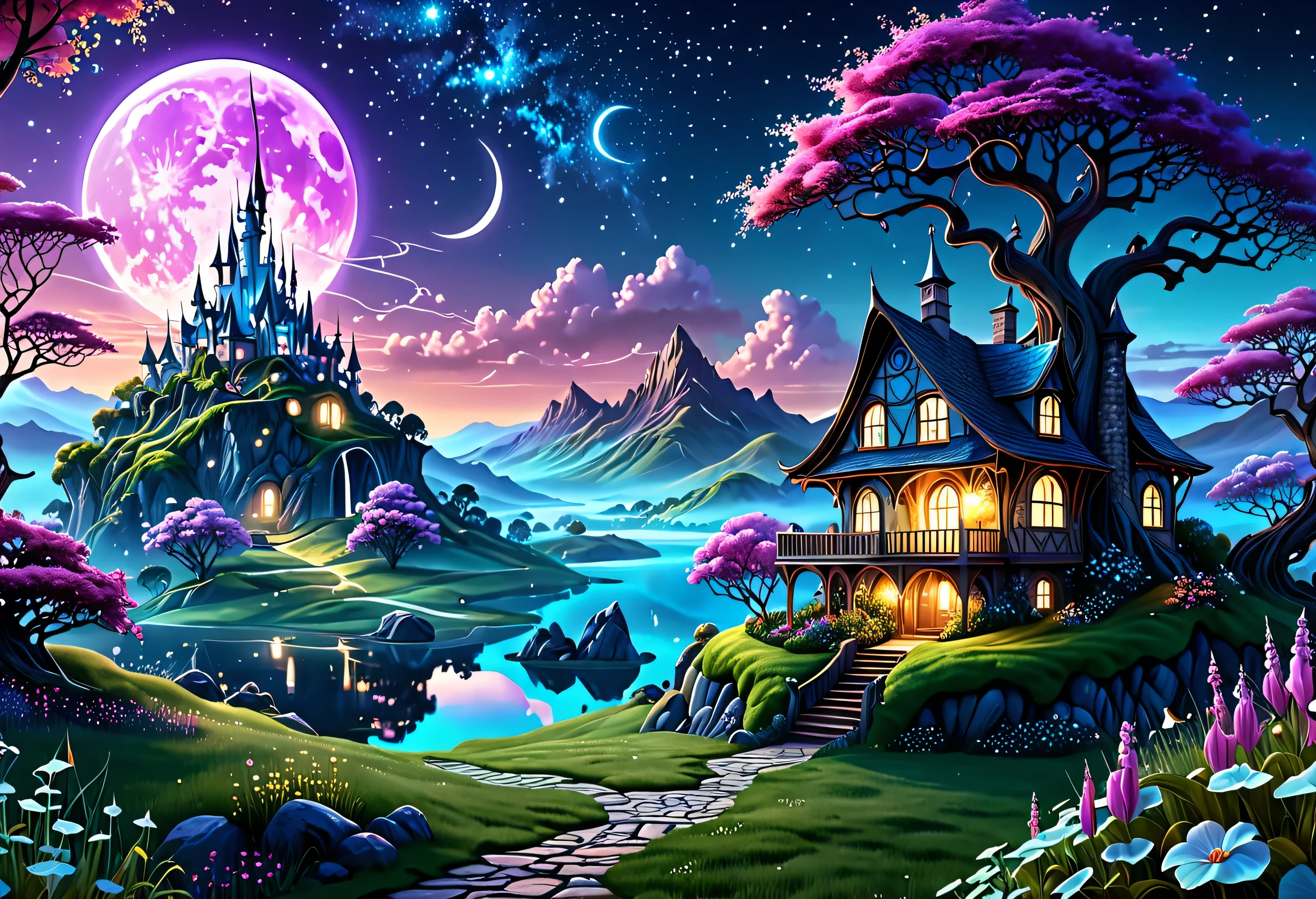 an epic dreamy fantasy landscape, Mysterious and fantastic landscape, Magic Background, Quiet Night. digital illustration , Magical Landscapes, detailed anatomy , detailed detailed anatomy , 4K highly detailed digital art with a house, Digital Art Fantasy , Background artwork, I'm lost in a dreamy fairy landscape, Magic Fantasy Very Detailed