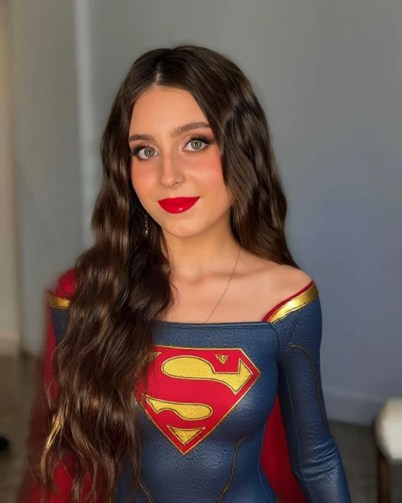 Arafed girl in a blue dress and red cape standing in a room, super-hero girl, Estefania Villegas Burgos, by Amelia Peláez, vestida como mulher maravilha, puerto rican super hero, Directed by: Nandor Soldier, Alanis Guillen, usando uma coroa e capa, wearing hero costume, Violeta Myers