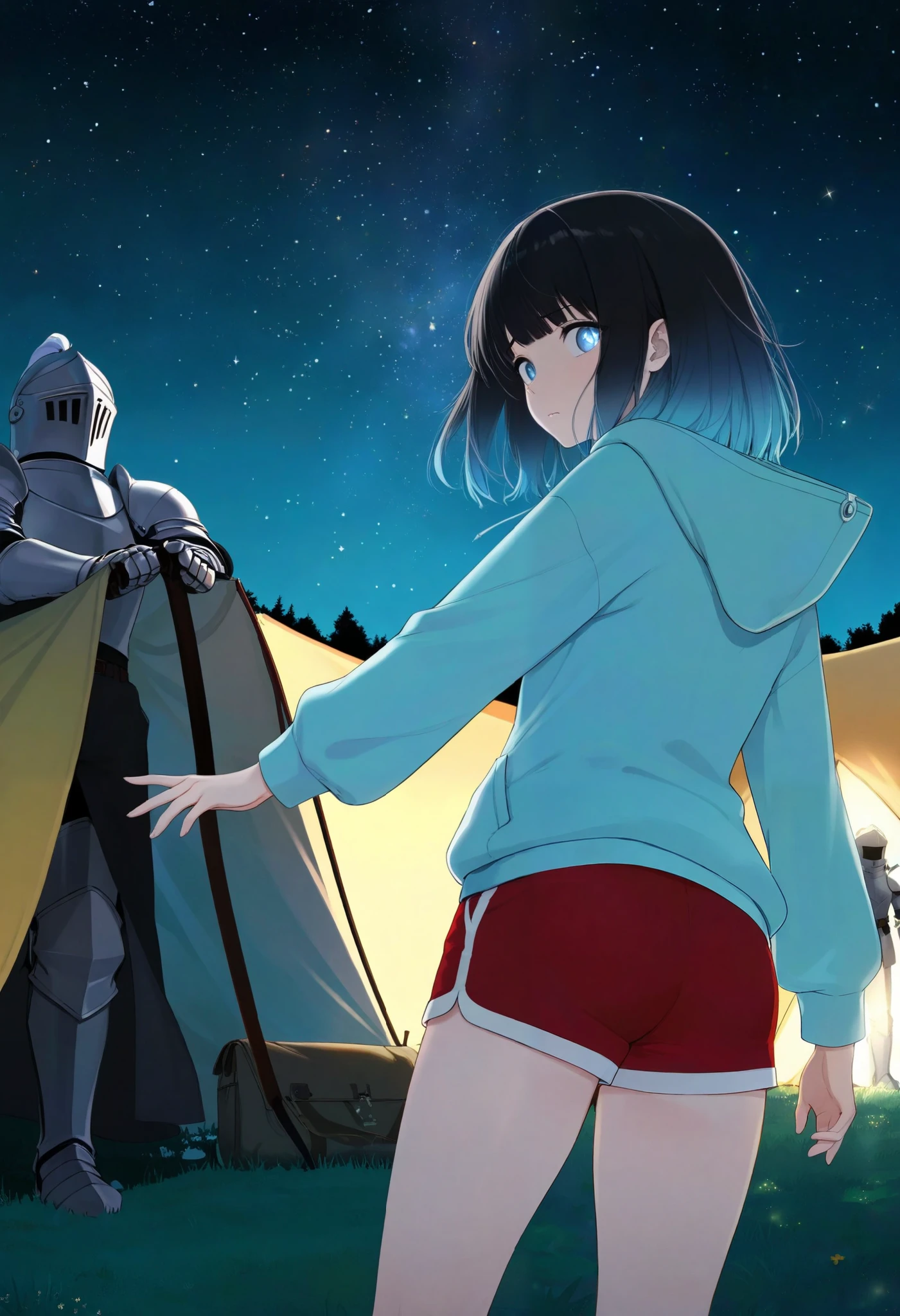 1 girl, masterpiece, starry sky , knight , bangs, Red Shorts, scenery, Medium Hair, outdoor, look back , blue eyes, black hair, conceited , Green, I put my hand in the Delicate Tent , put my hand in the pocket, hoodie, gradient hair, Red Hair, torn pupils ,