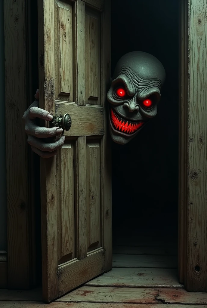 realistic a mysterious door open, everything around the door is black, see a scary dark wood in the door, dark purple sky at night, everything almost blackout and see scary smile in the dark wood